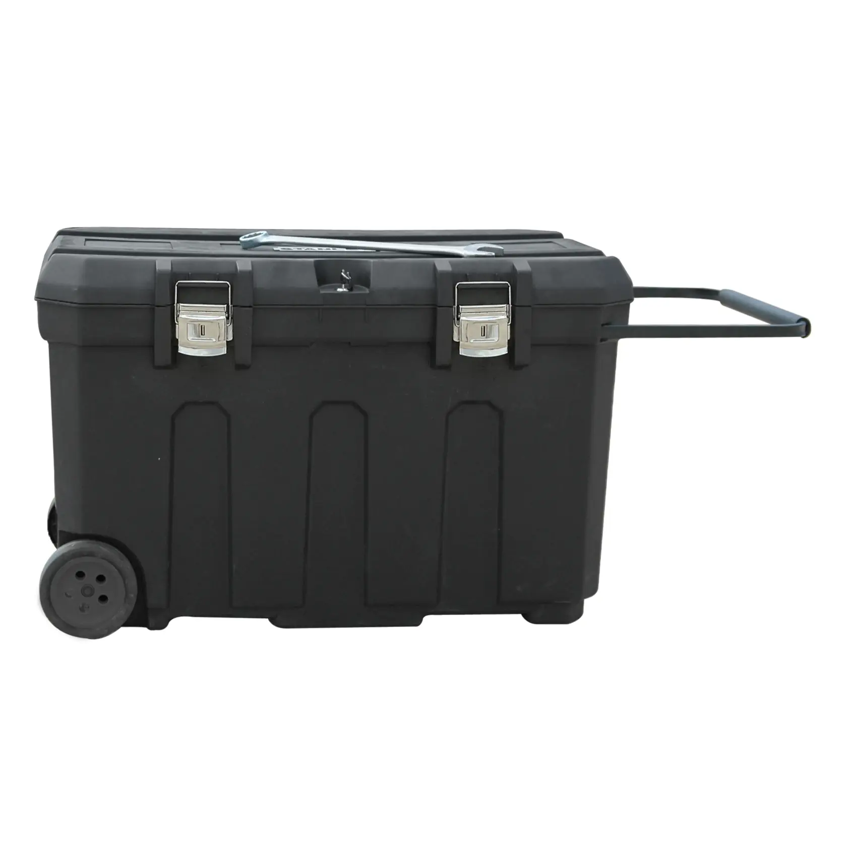 STANLEY 1-93-278 black rolling toolbox with metal latches, pull handle, and side wheels, front angle on white.