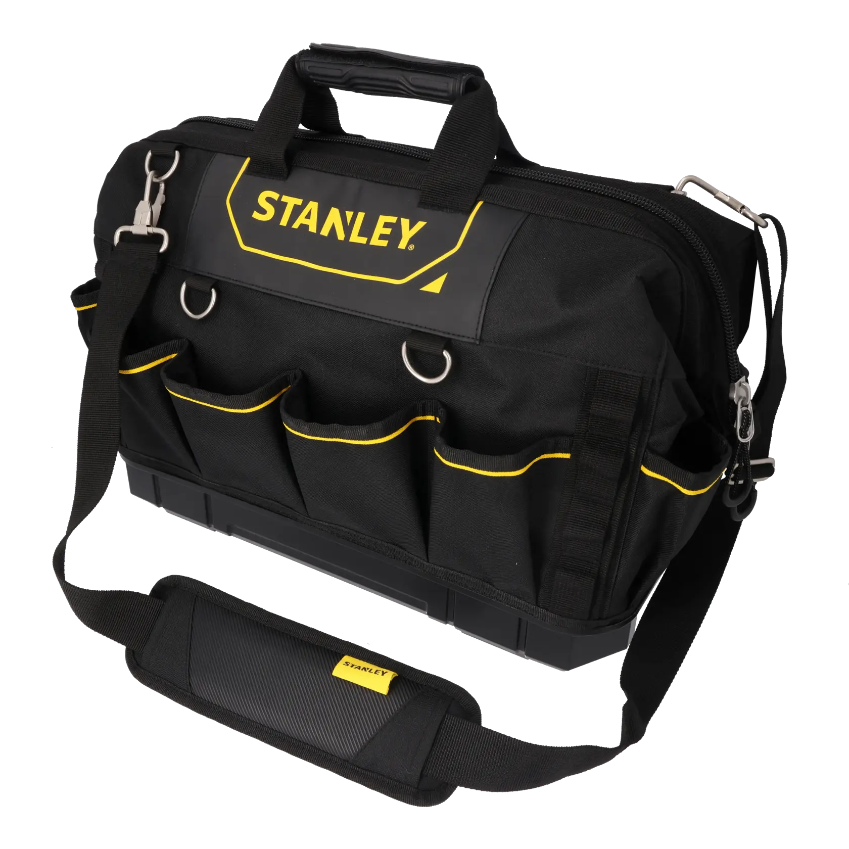 STANLEY 1-93-950 tool bag with black and yellow fabric, multiple front pockets, front angle.