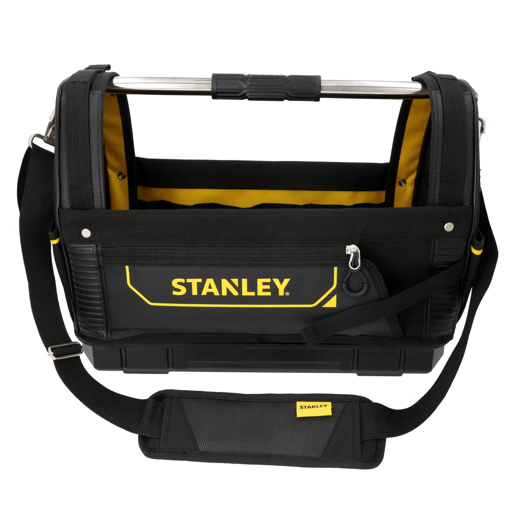 Open black and yellow tool bag with a metal handle and multiple compartments for organizing equipment.