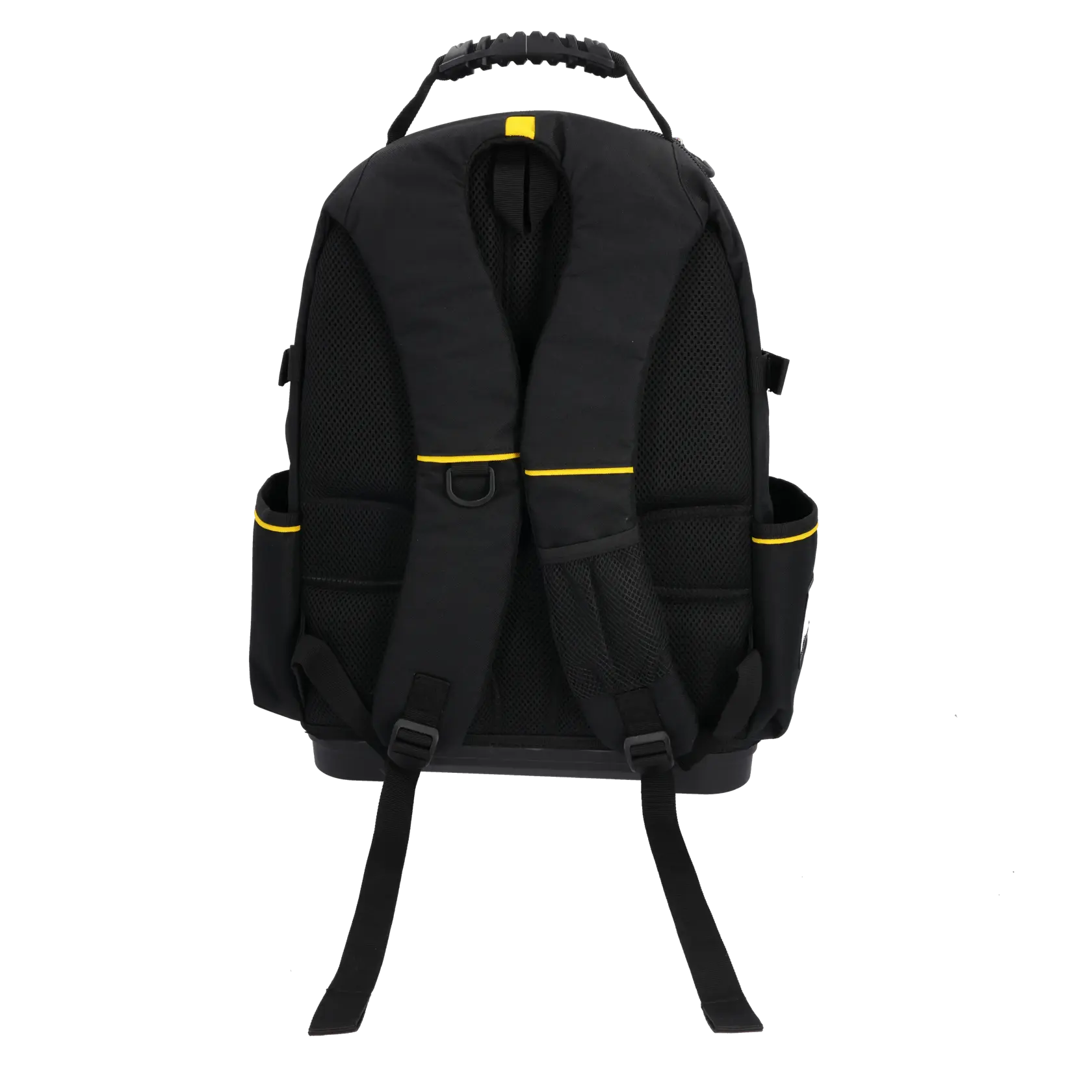STANLEY 1-95-611 tool backpack rear view, black with yellow trim and padded straps, white background.