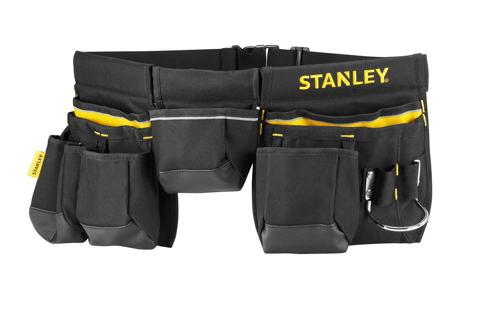 STANLEY 1-96-178 black tool belt with multiple pockets and yellow detail, front view on white background.
