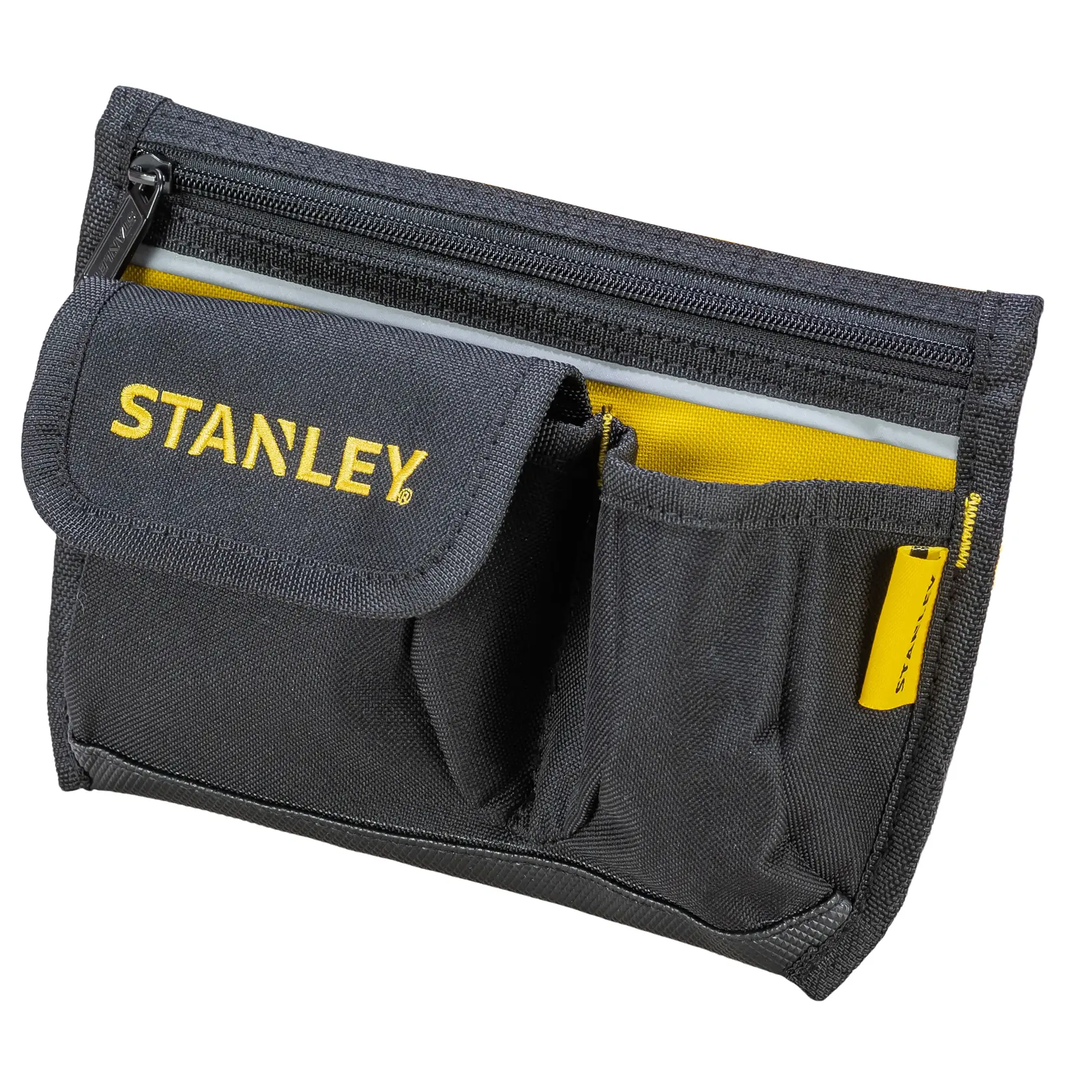 STANLEY 1-96-179 black fabric tool pouch with multiple pockets and zippered compartment, angled on white background.