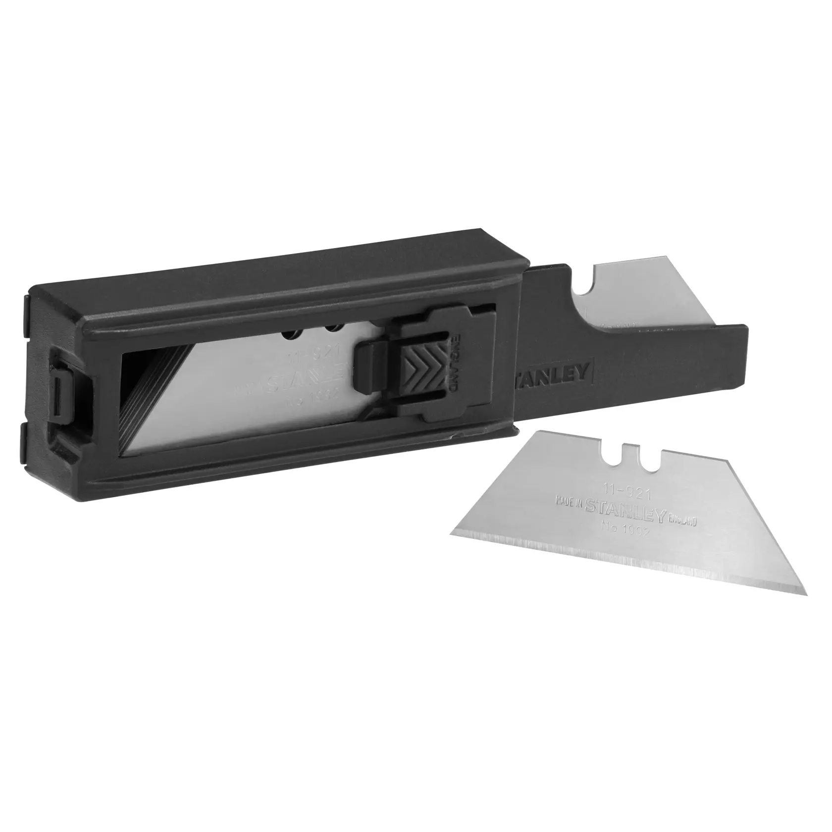 Stanley utility knife blades in a black dispenser case with one blade outside for display.
