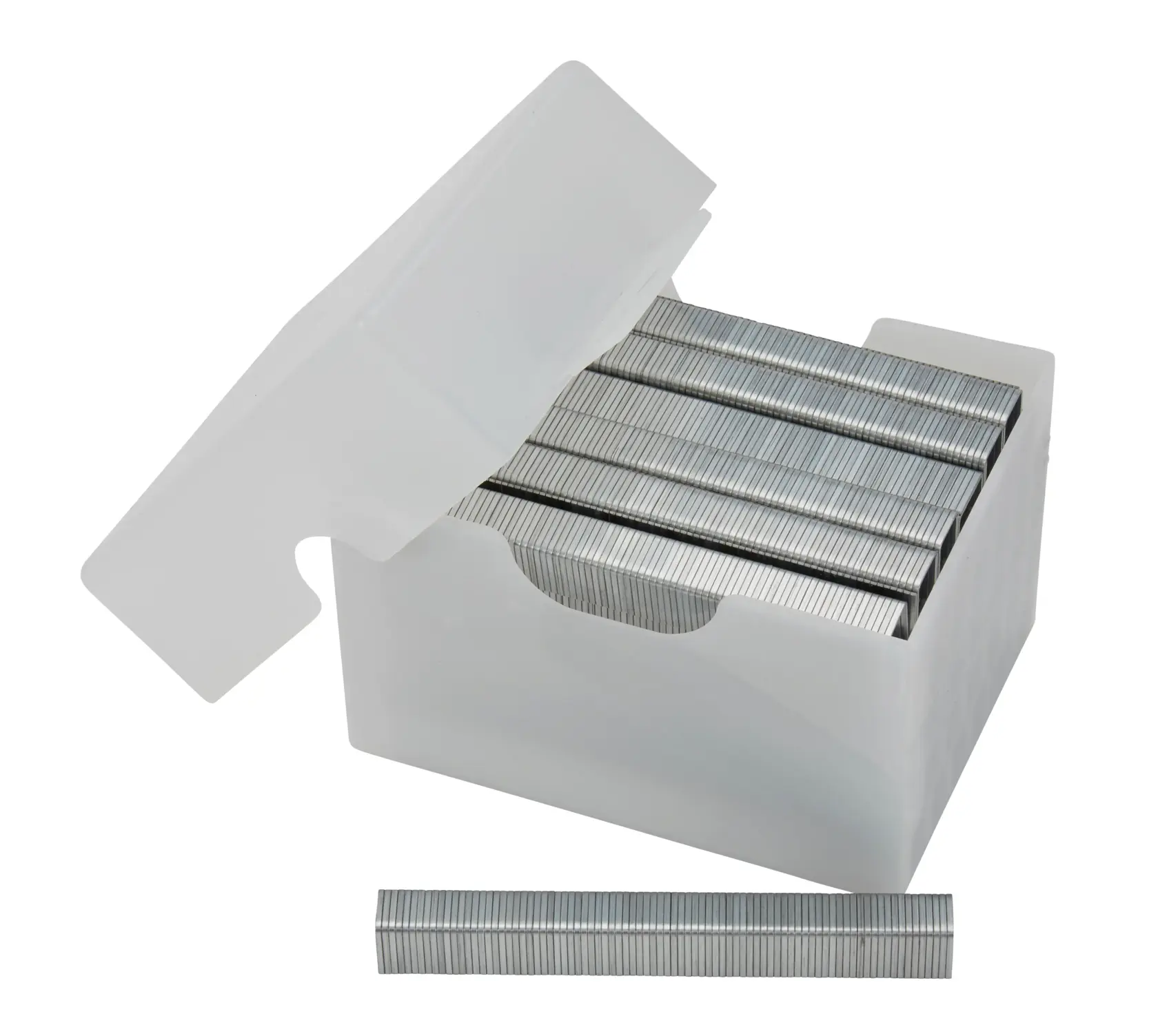 STANLEY 1-TRA708-5T box of silver staples with open lid, single staple strip in front, photographed on white background.