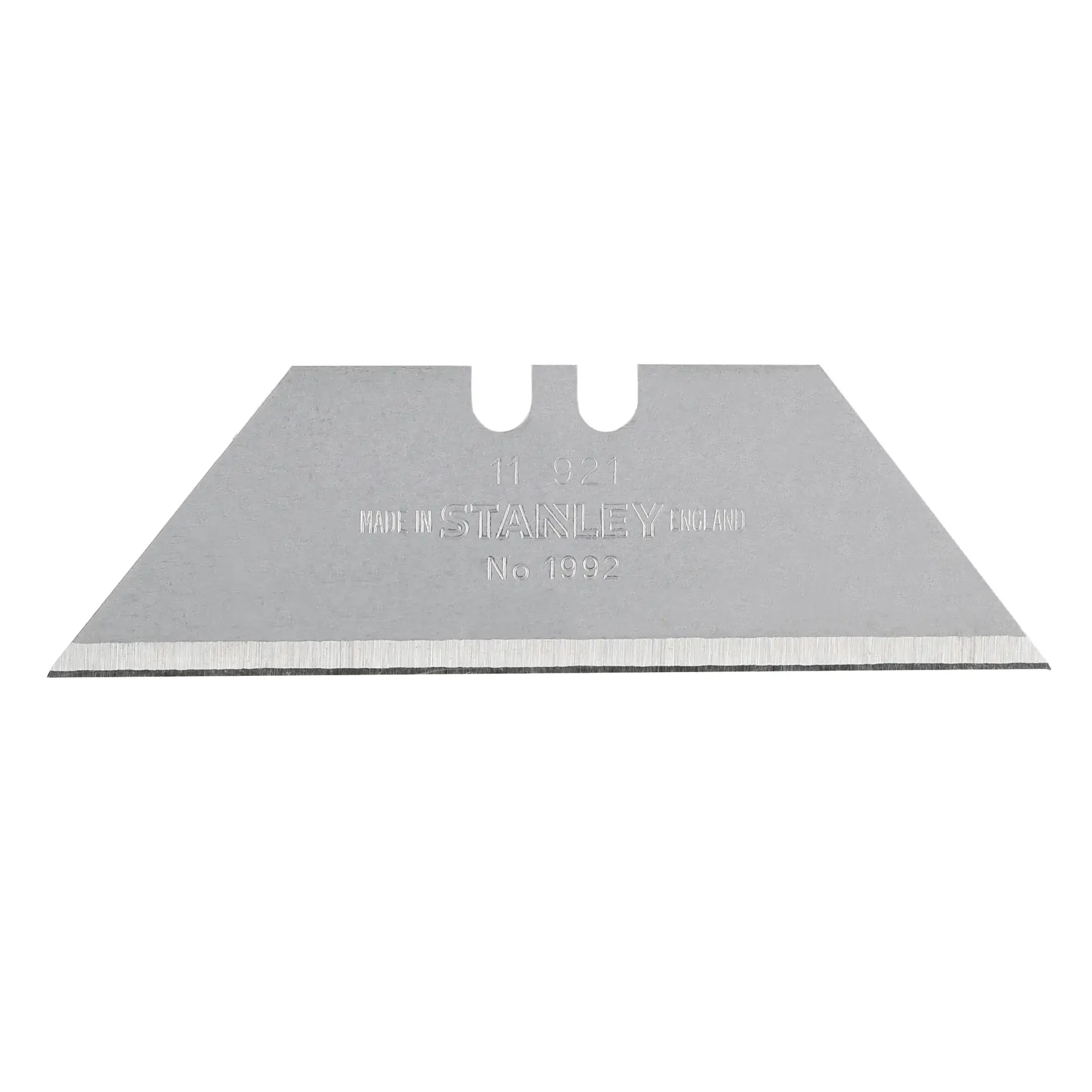 STANLEY 4-11-921 utility knife blade, silver, straight angle, product photography on white background.