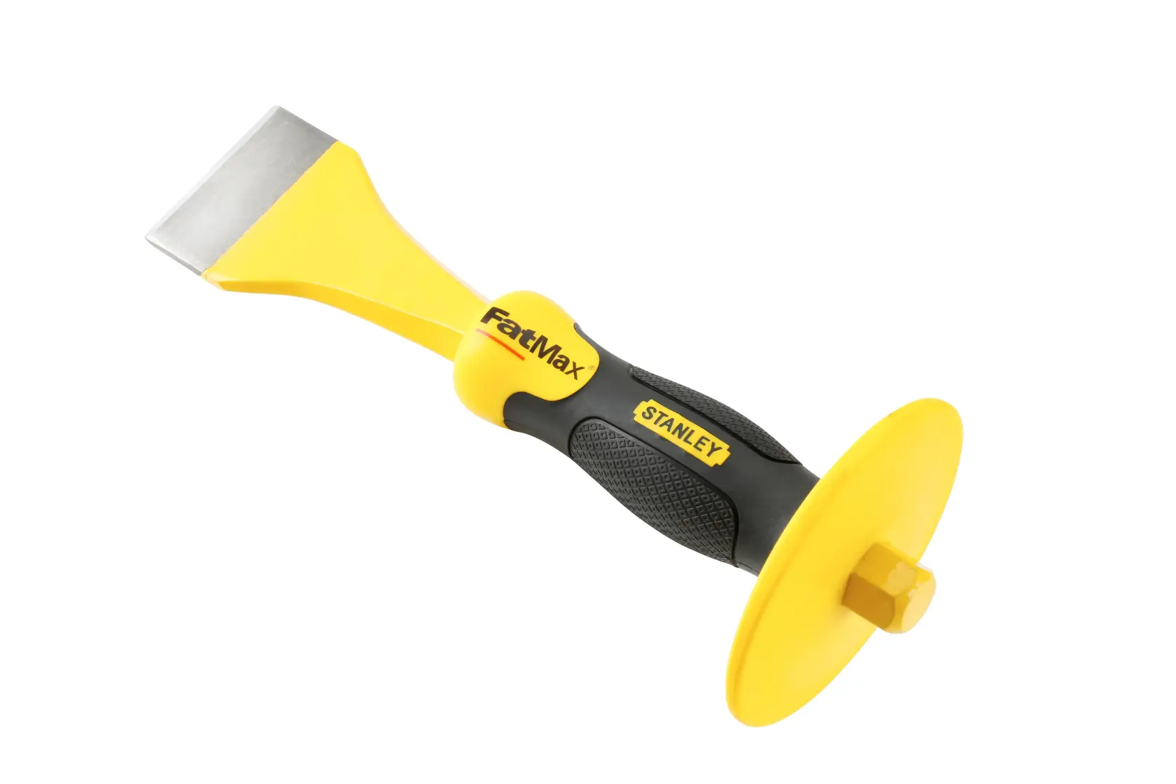 STANLEY 4-18-330 FatMax chisel with guard, black and yellow handle, side angle, photography.