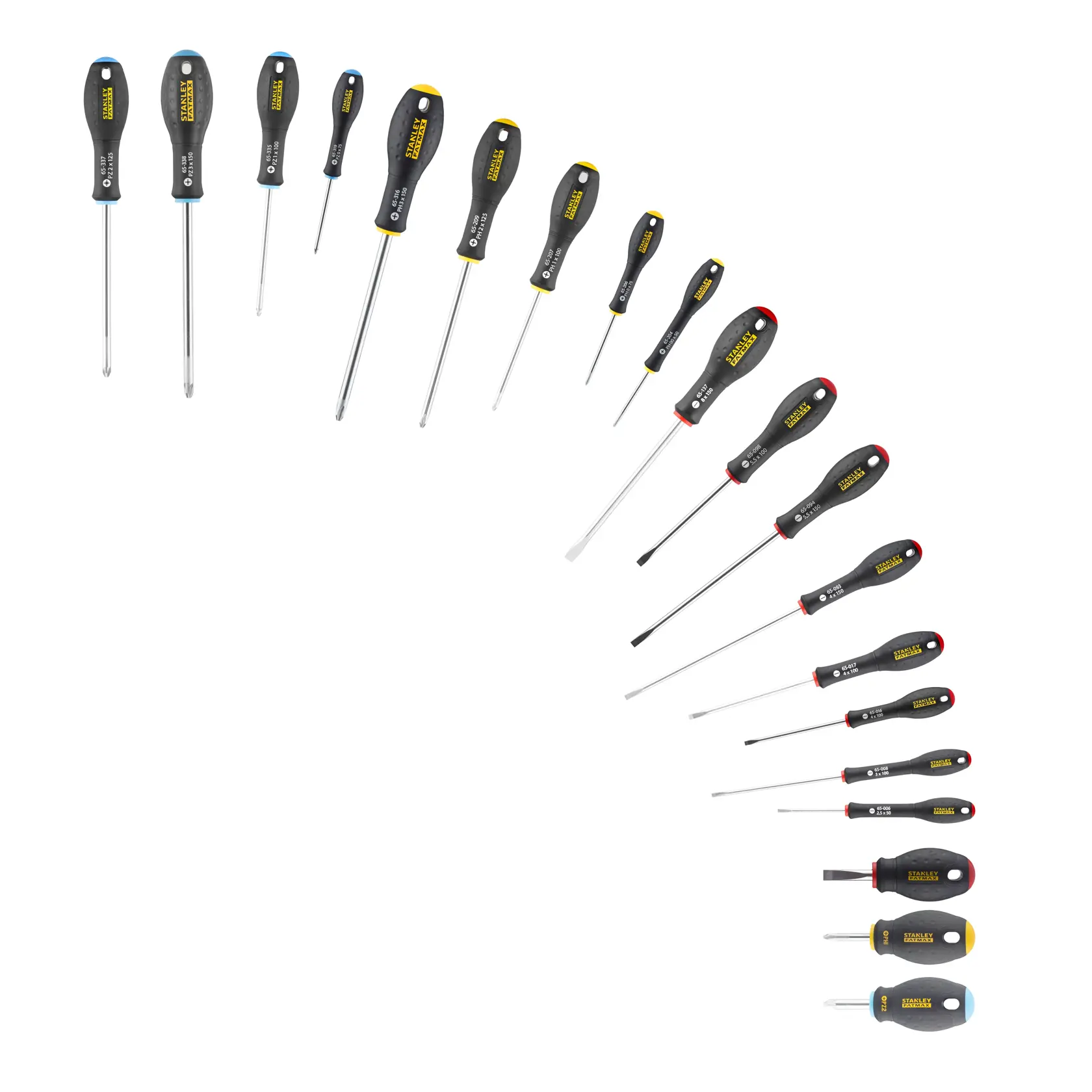 Stanley set of assorted screwdrivers arranged in a semi-circle on a white background.
