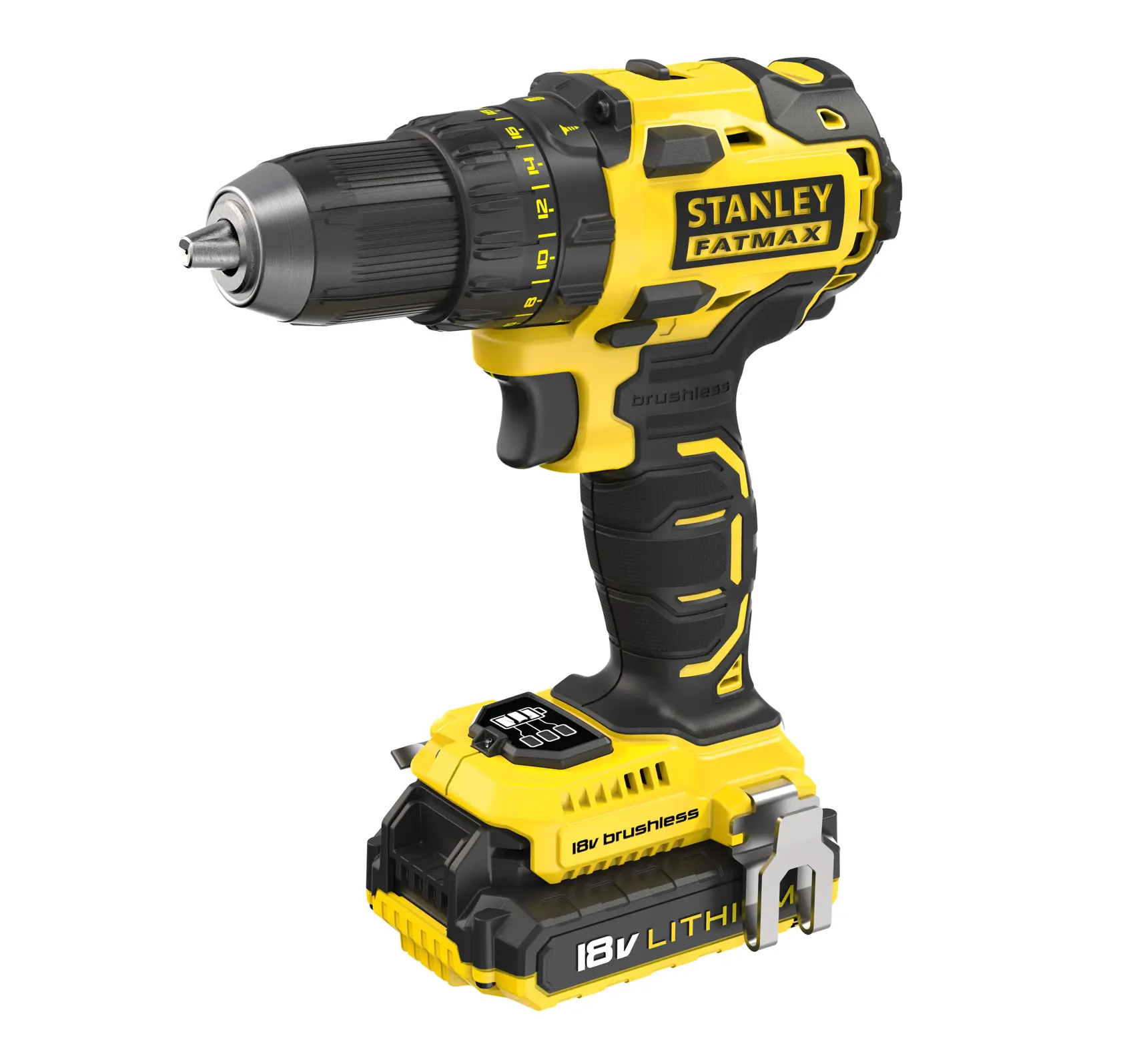 STANLEY FMC607D2 cordless drill driver, yellow and black, 18V, brushless, front-right angle on white background.