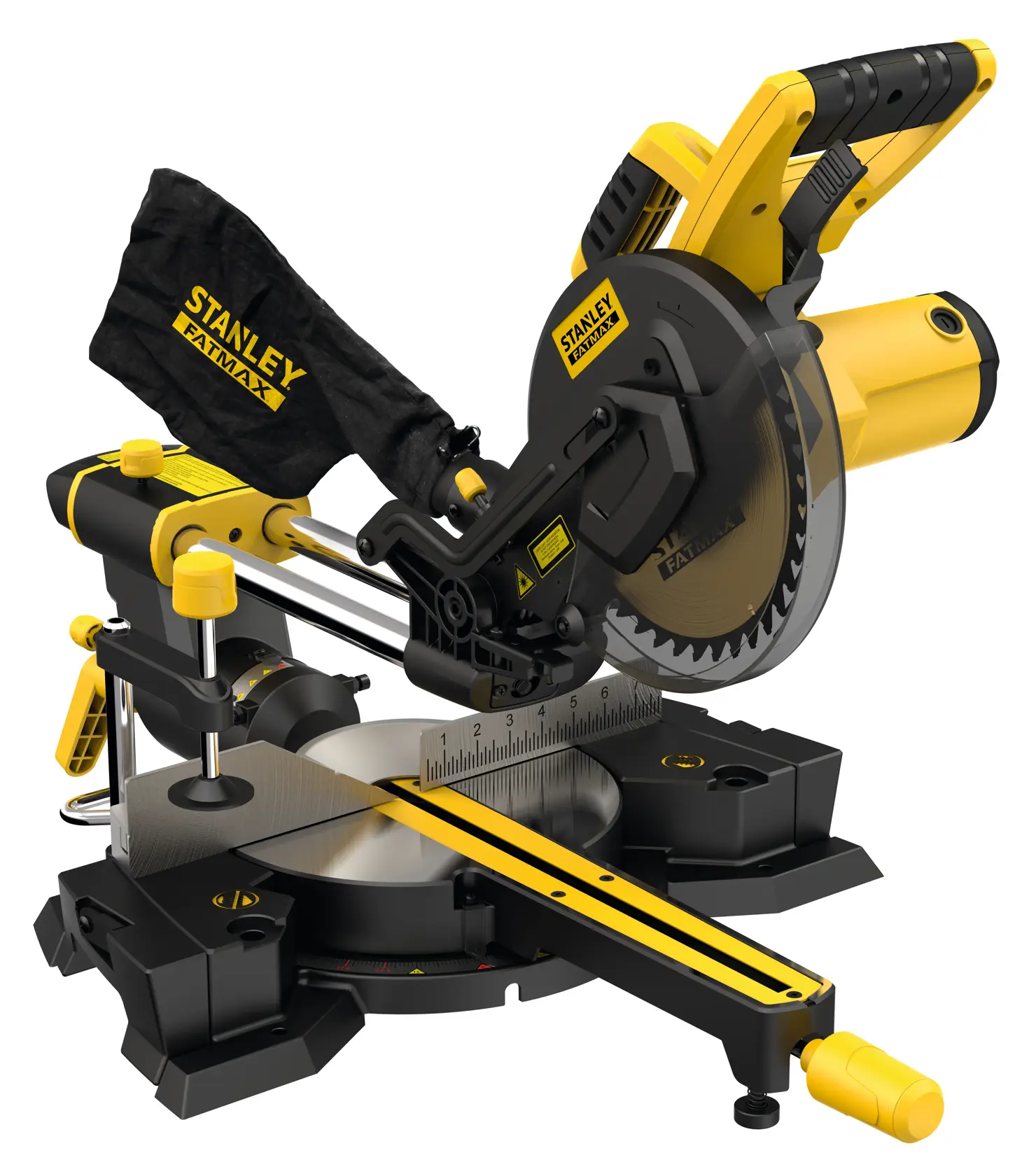 Stanley yellow and black miter saw with handle, blade guard and dust bag on a base for precise wood cutting.