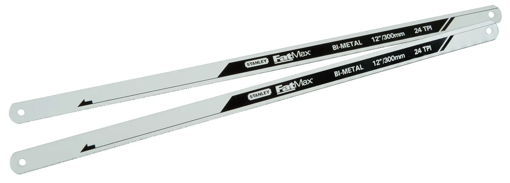 STANLEY FMHT0-20195 bi-metal hacksaw blades, 12 inch, 24 TPI, side angle on white background.