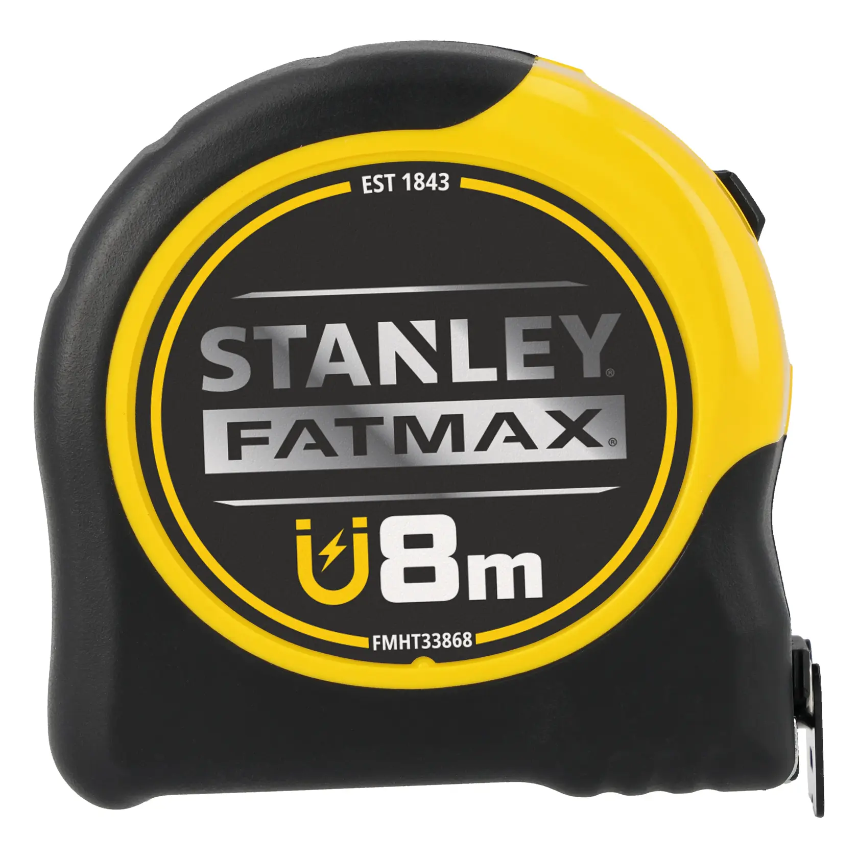 Photo of STANLEY FMHT0-33868 tape measure, black and yellow, 8m length, front view on white background.