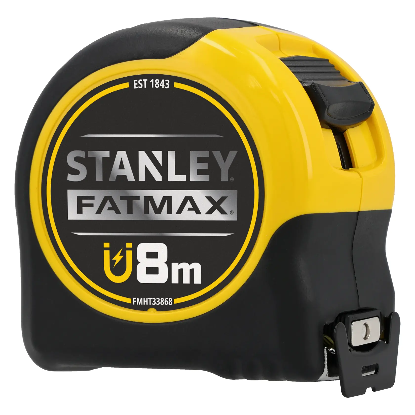 STANLEY FATMAX FMHT0-33868 tape measure, 8m, yellow and black case, front angle on white background.