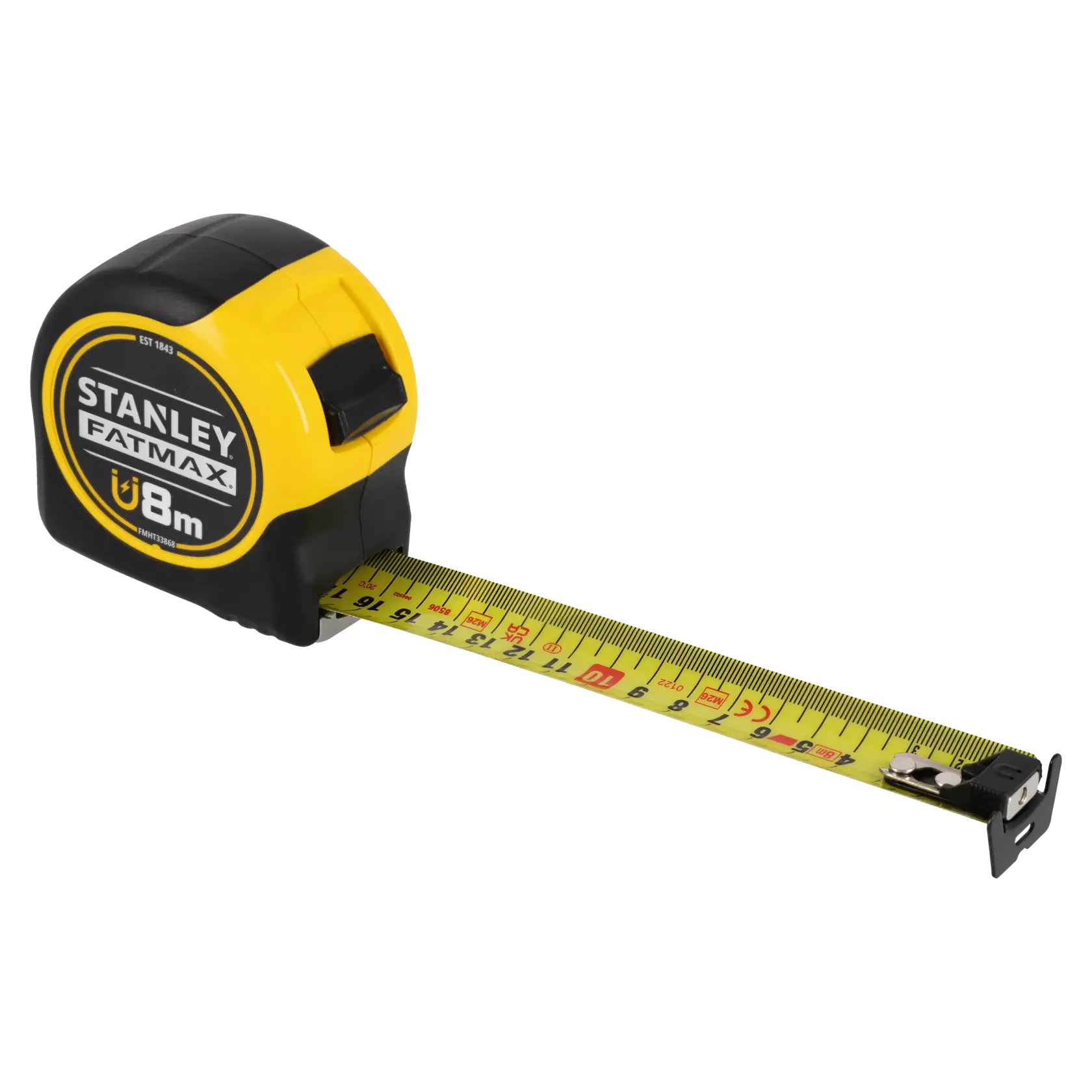 STANLEY FMHT0-33868 tape measure, yellow and black, 8m length, side-angle on white background.