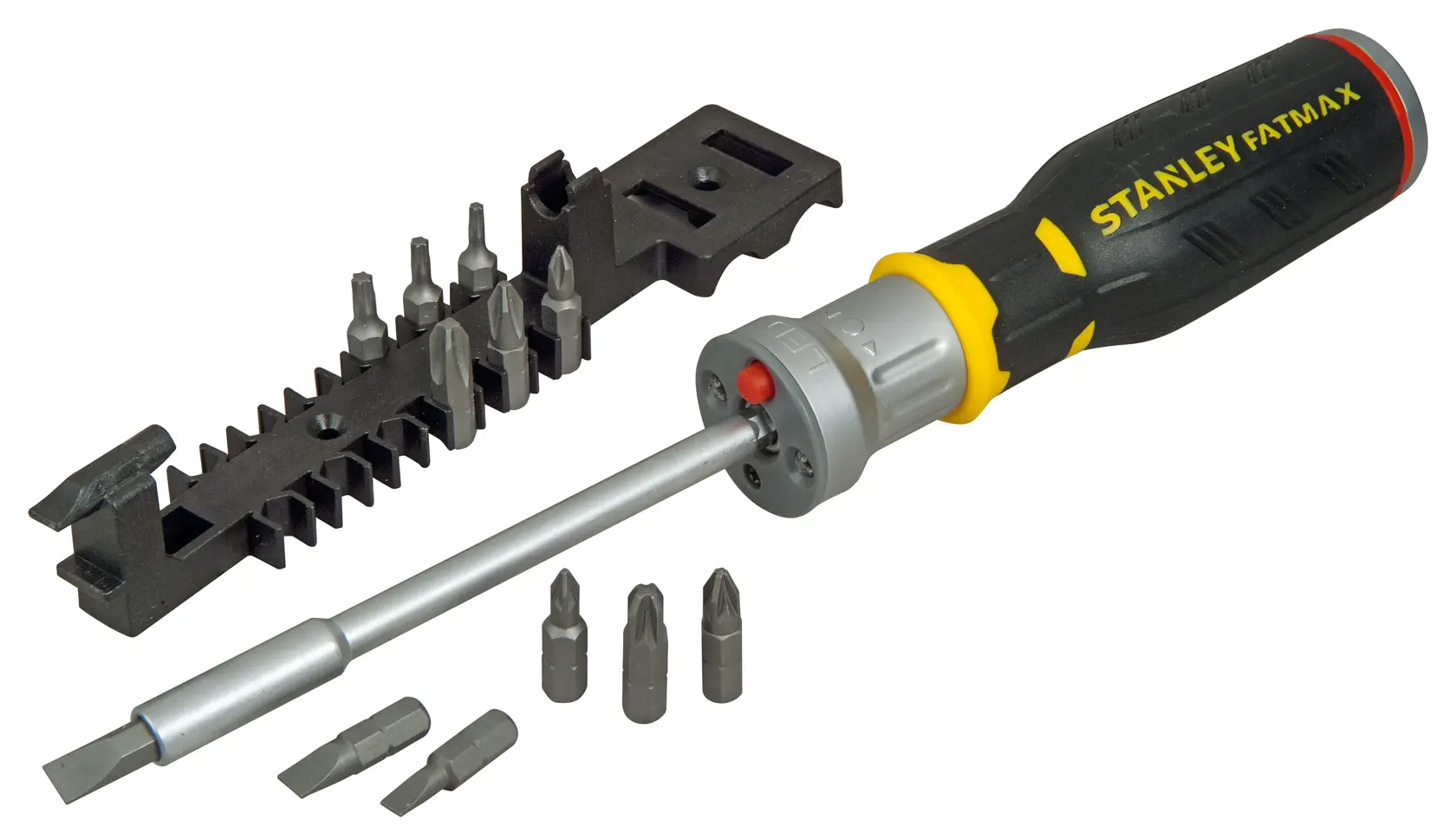 Stanley FatMax ratchet screwdriver set with multiple interchangeable bits and bit holder.