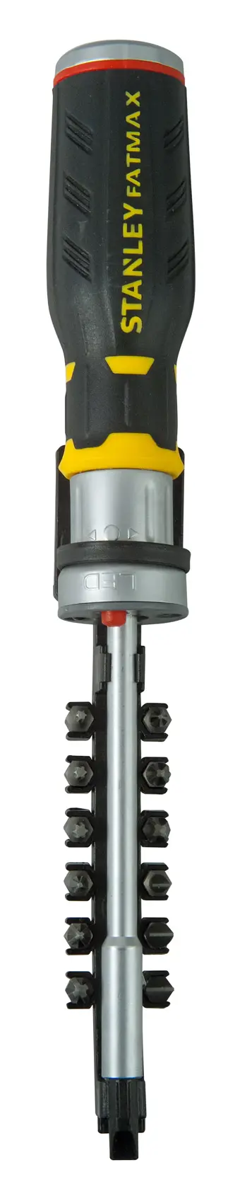 STANLEY FMHT0-62689 ratcheting screwdriver with black and yellow handle, shown with multiple bits, front angle.