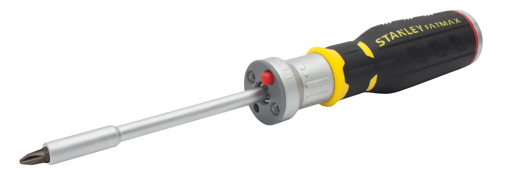 Stanley FatMax ratcheting screwdriver with black and yellow handle and interchangeable bit.