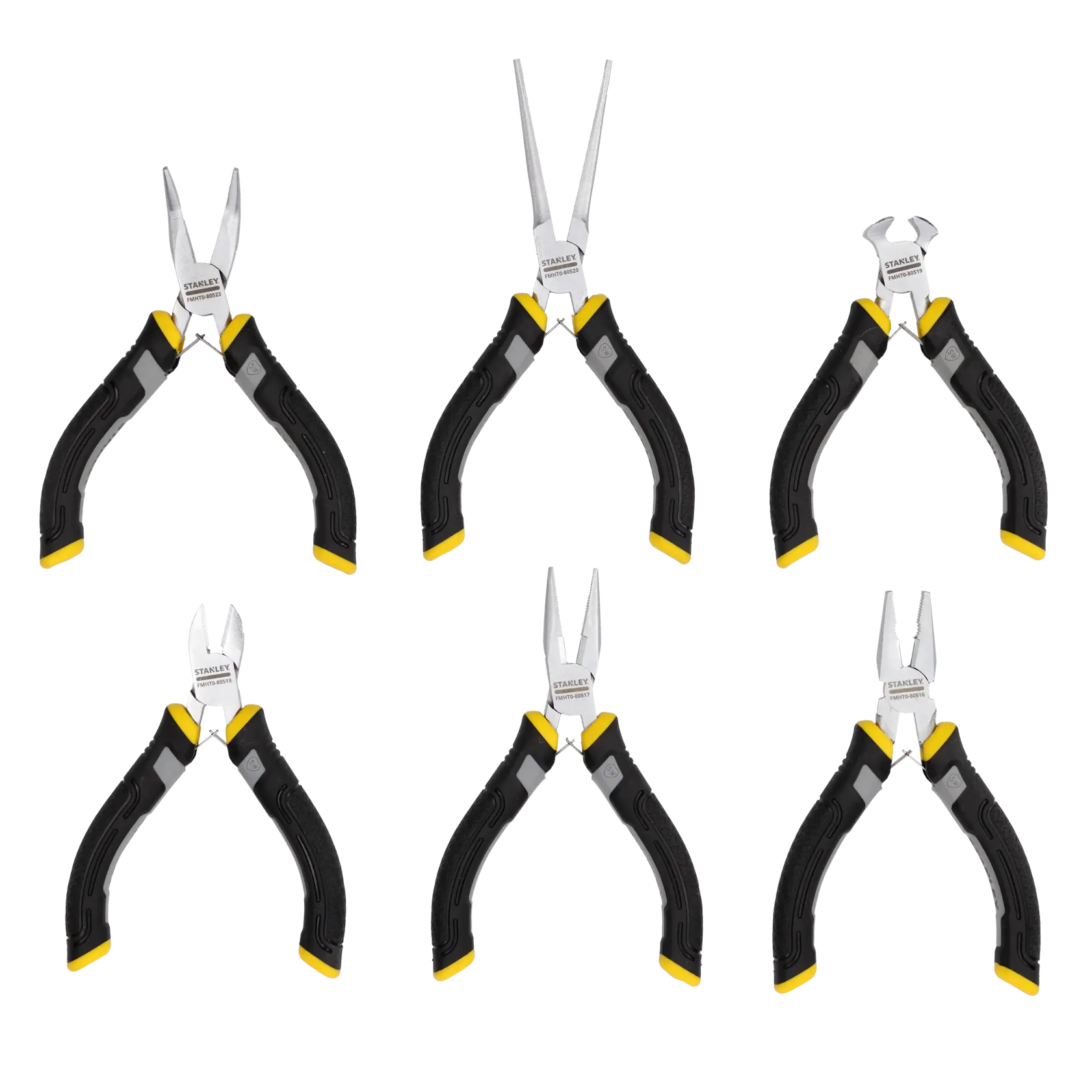 Set of six STANLEY pliers with black and yellow handles displayed on a white background.