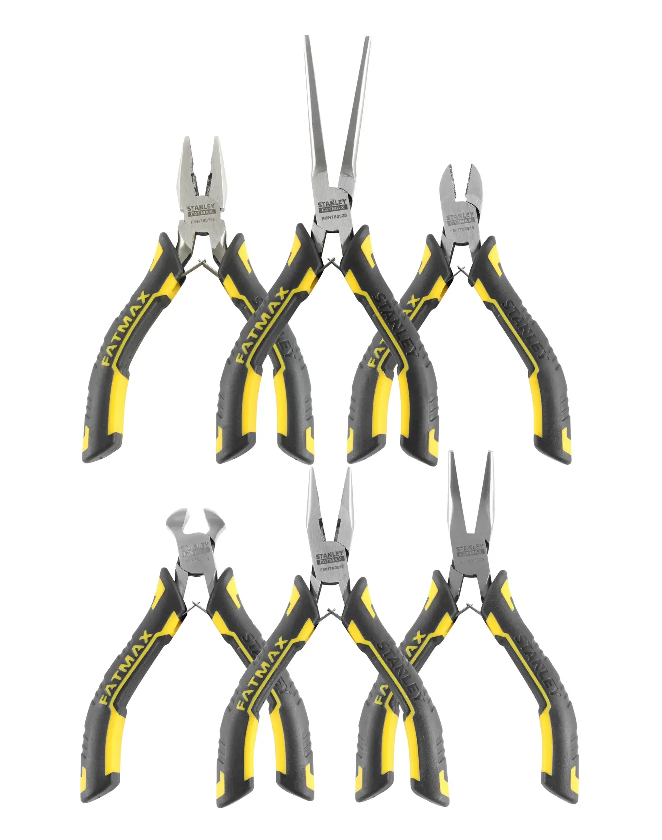 Set of six STANLEY FATMAX pliers, black and yellow handles, on white background, various types for tool use.