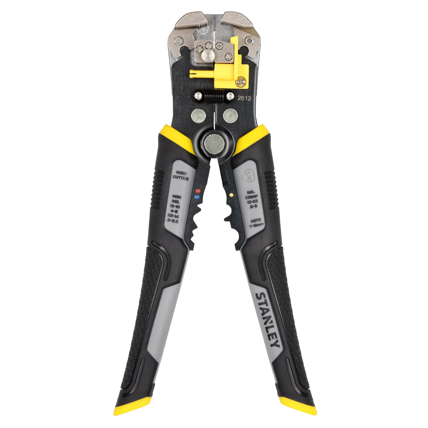 STANLEY FMHT0-96230 wire stripper pliers with yellow and black ergonomic handles, angled view on white background.