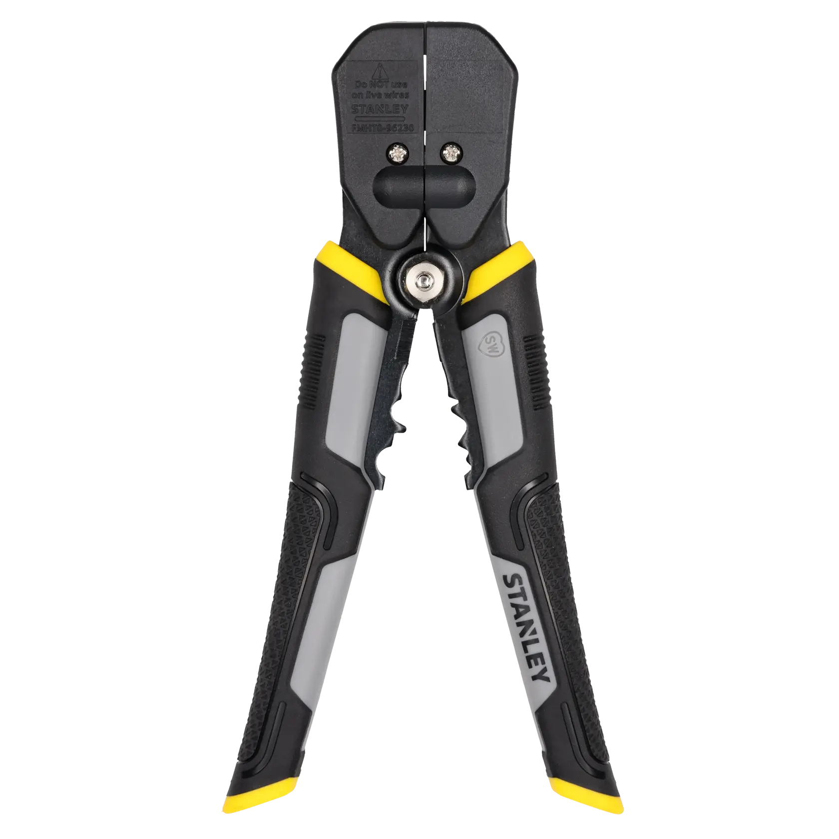 STANLEY FMHT0-96230 wire stripper and cutter, yellow and black handles, front angle photo.