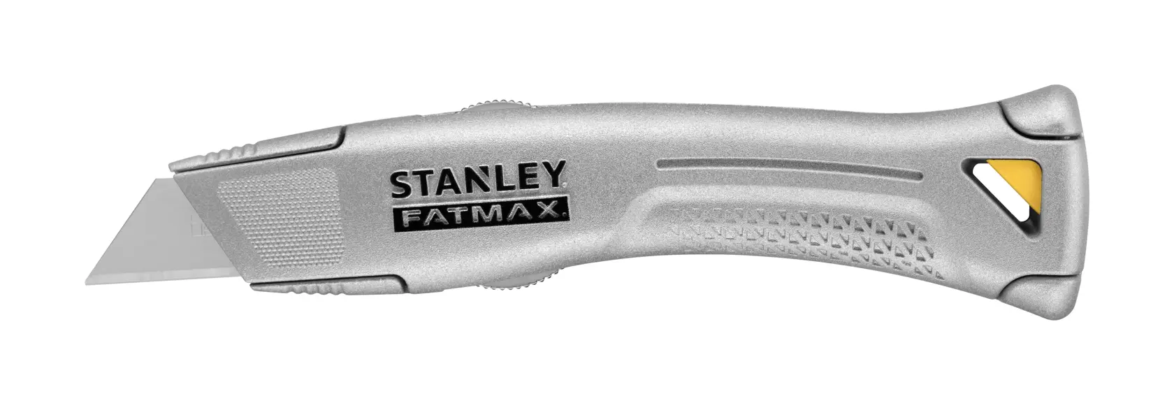 STANLEY FMHT10501-0 utility knife, silver metal with yellow and black accents, left side view on white background.