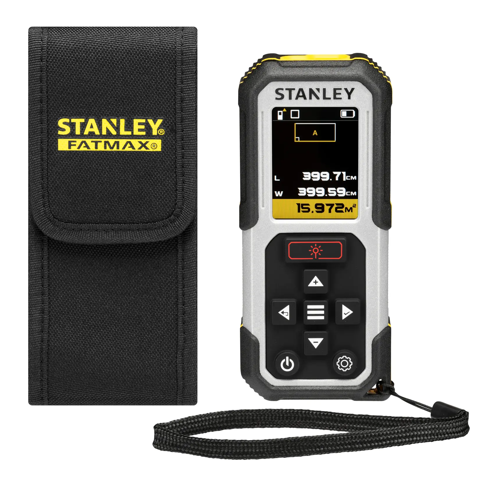 STANLEY FMHT77050-XJ laser distance measurer front view with black pouch and wrist strap.