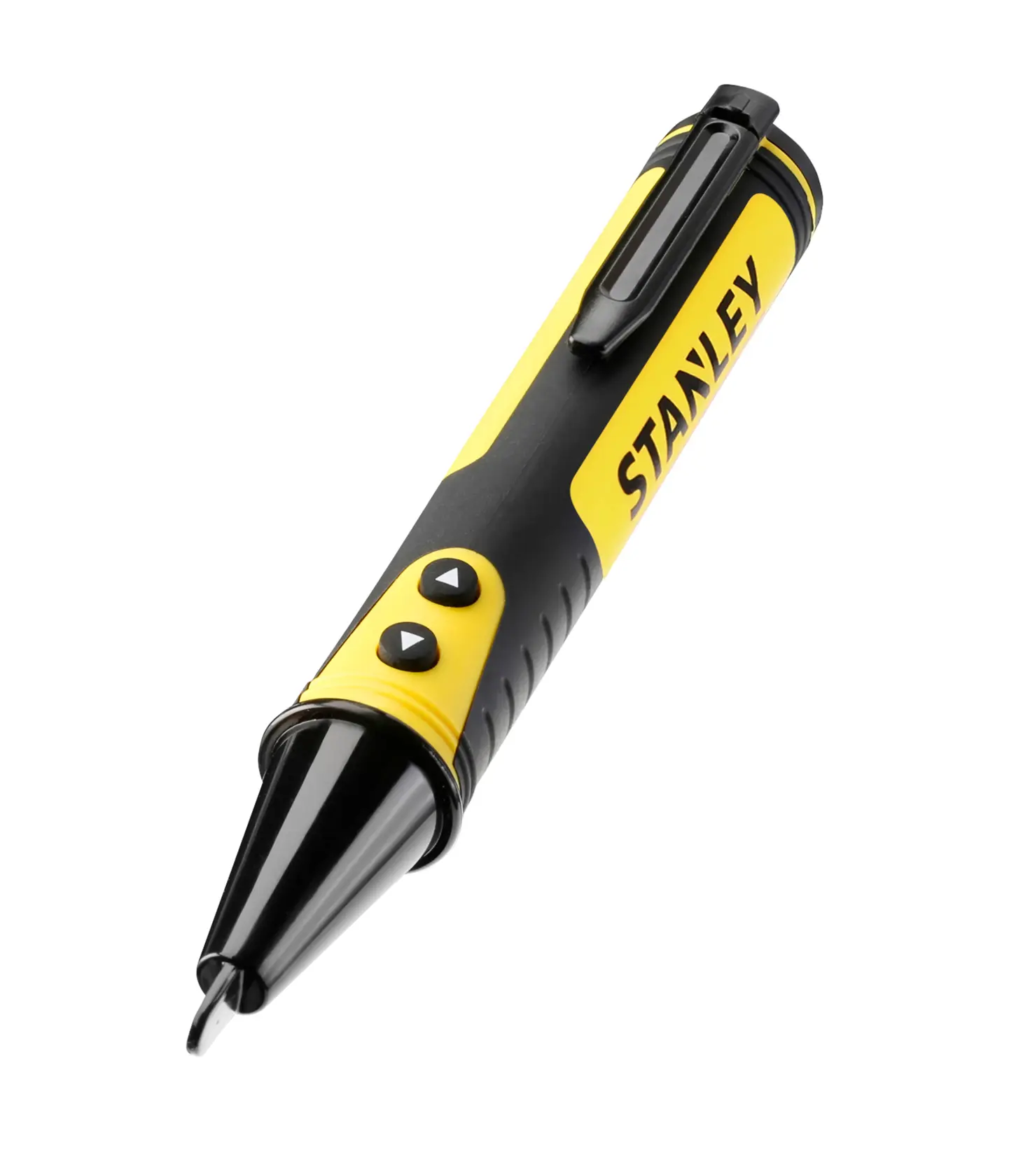 STANLEY FMHT82567-0 non-contact voltage tester, yellow and black, angled view, with control buttons and pocket clip.