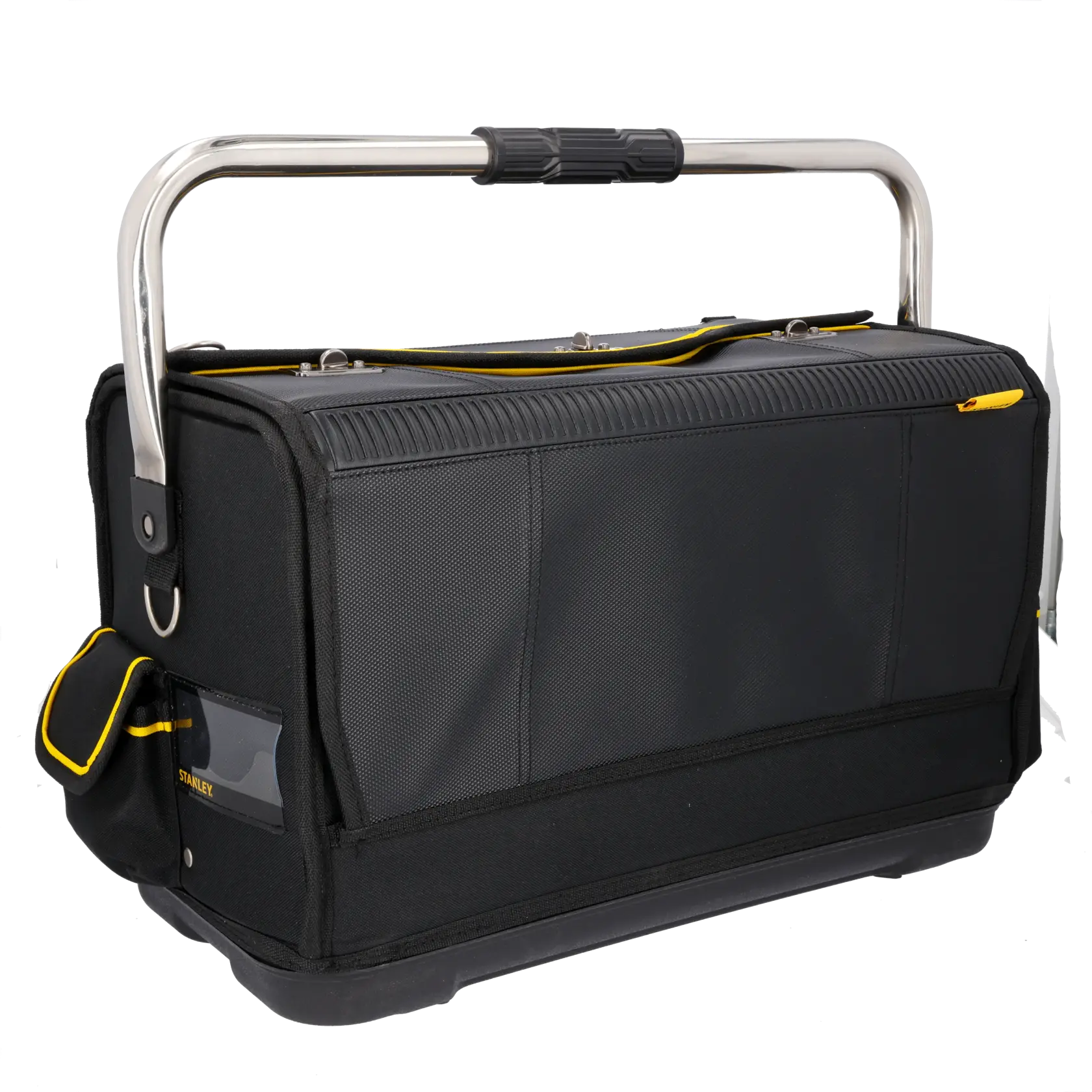 Stanley black and yellow tool bag with open front flap and internal compartments for organized storage.
