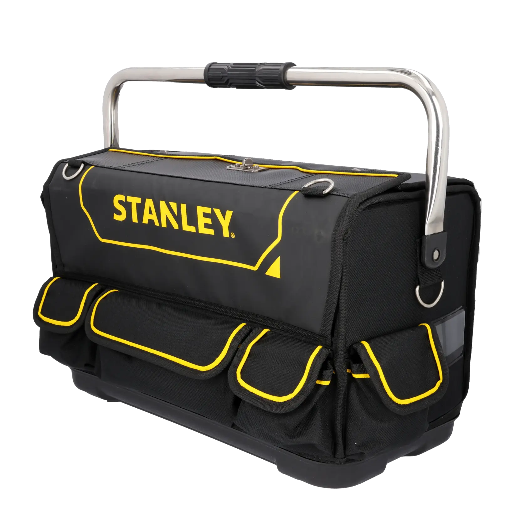 Stanley Fatmax tool bag with metal handle, open compartments, filled with tools and accessories.