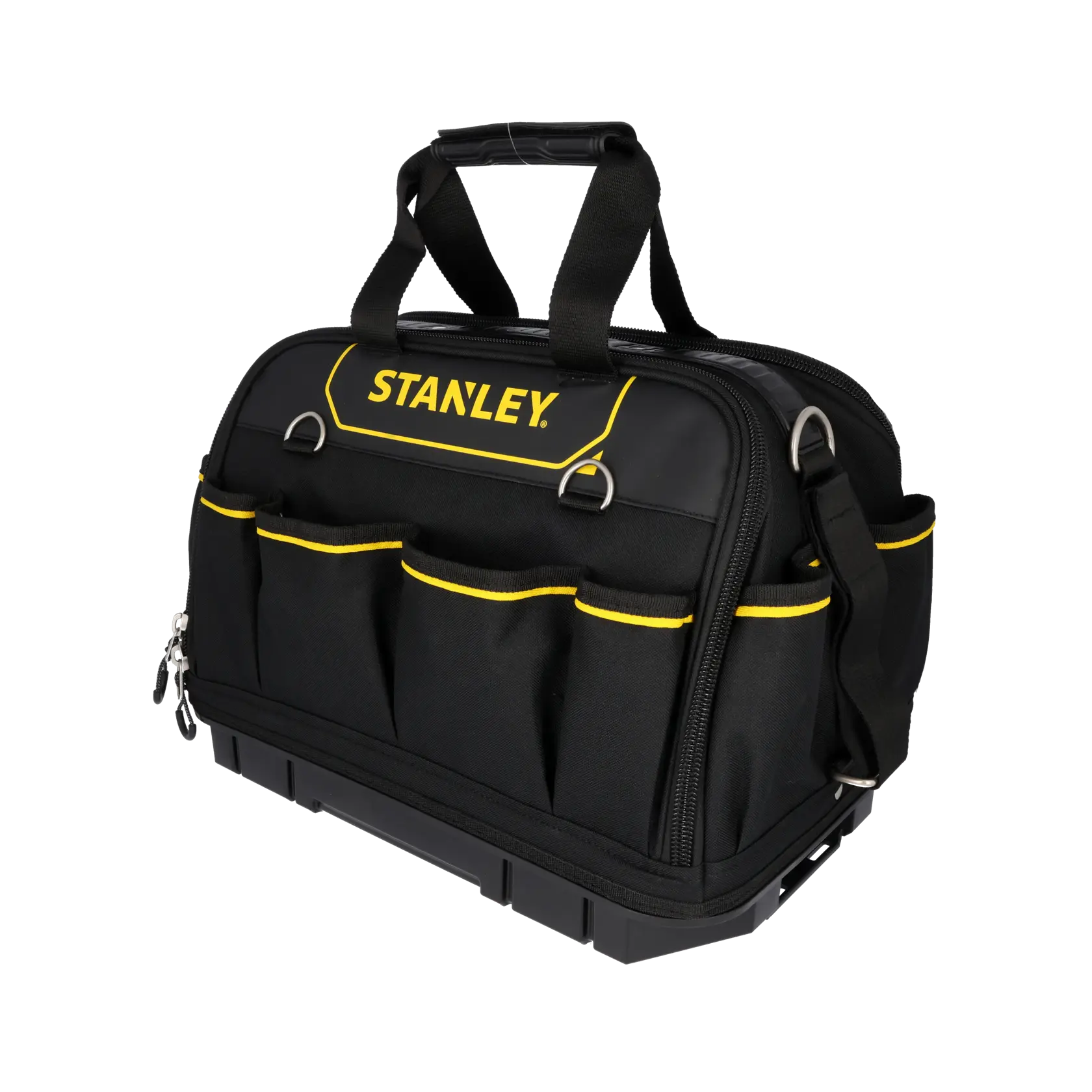 STANLEY FMST1-73607 tool bag, black and yellow fabric, front angle, multiple exterior pockets, shoulder strap.