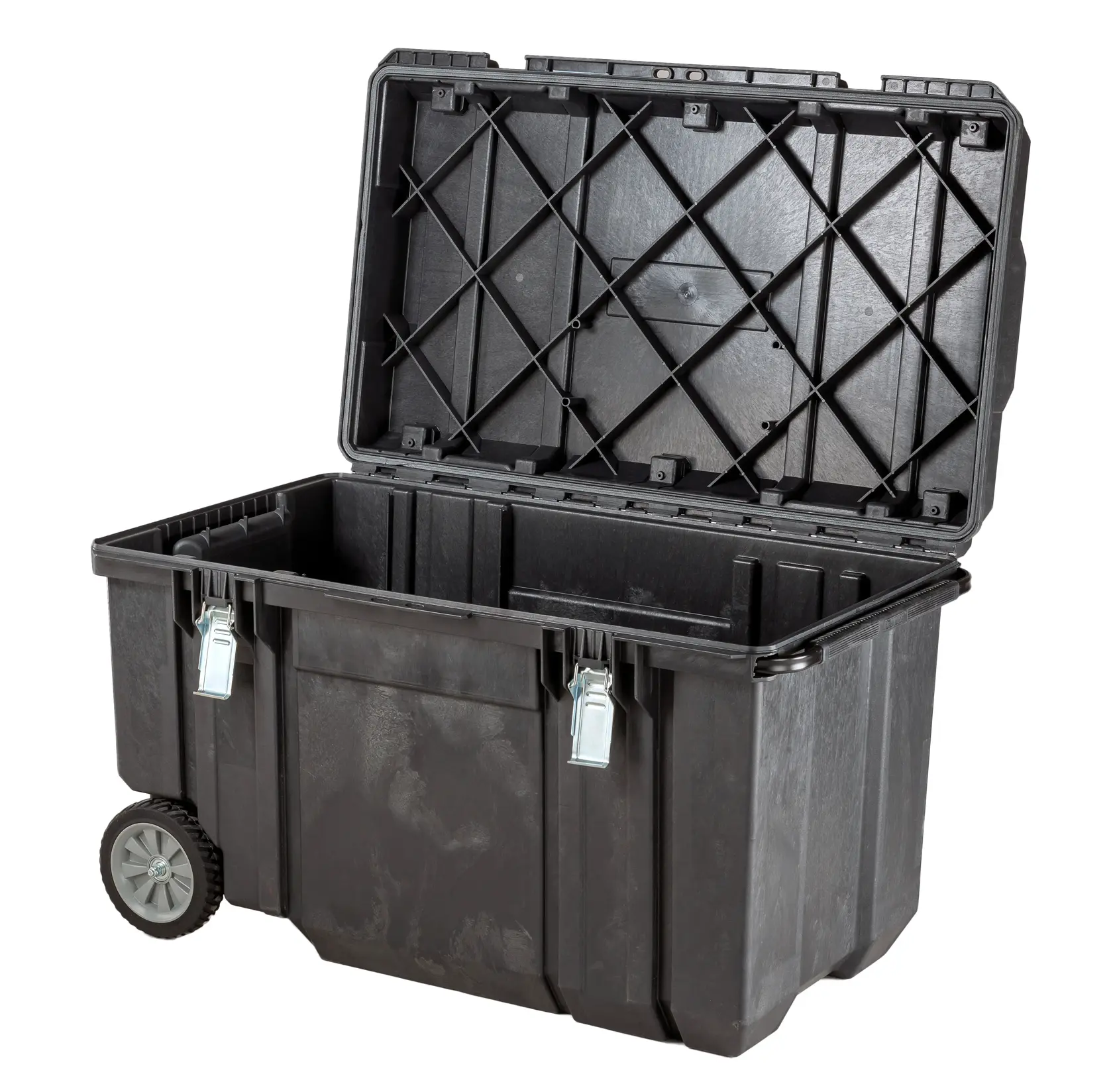 STANLEY FMST1-75531 black wheeled tool chest with open lid, metal latches, front angle on white background.