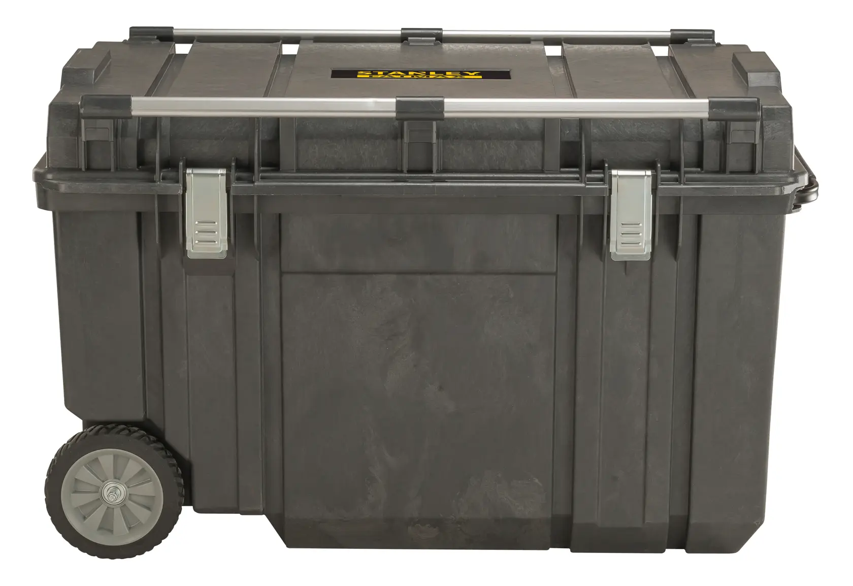 Black Stanley wheeled toolbox with metal latches and a sturdy lid, suitable for equipment storage and transport.