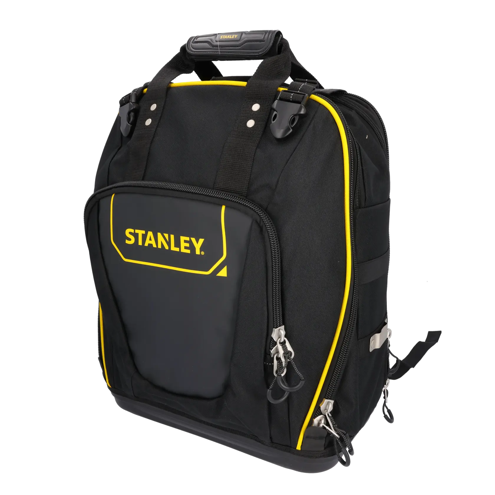 STANLEY FMST1-80144 black tool backpack with yellow trim, zippered front pocket, and sturdy handles, front angle.