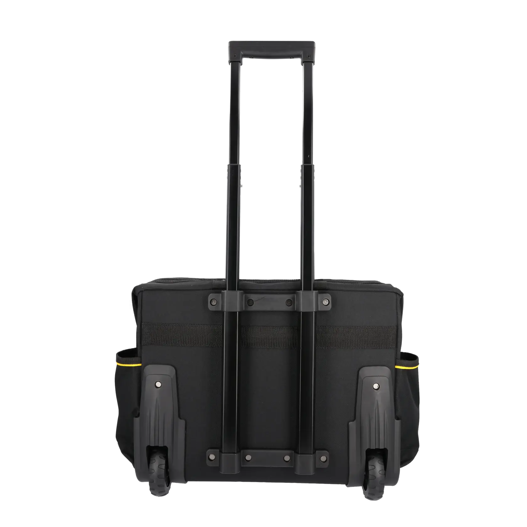 STANLEY FMST1-80148 tool bag with wheels and telescopic handle, black and yellow, front view on white background.