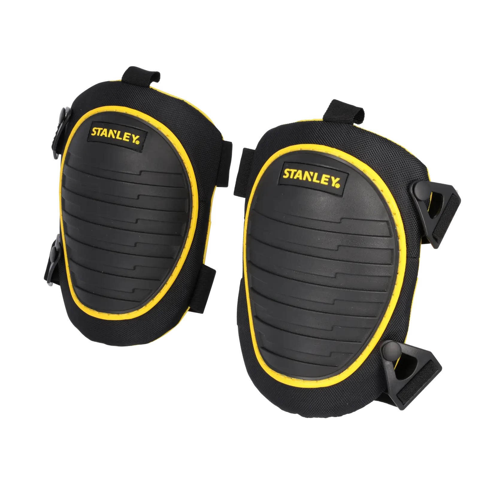 Stanley FMST82961-1 black and yellow FatMax knee pads, front view, with hard shell and adjustable straps.