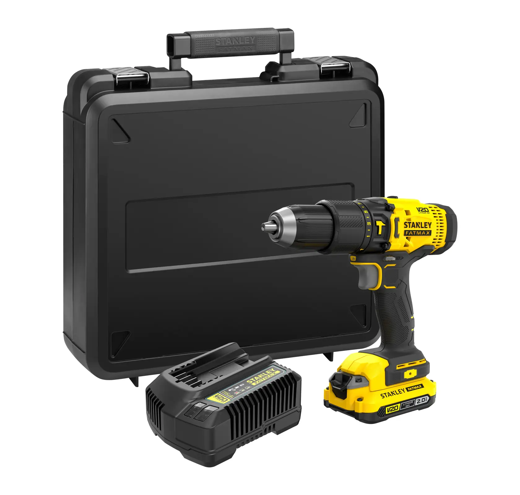 STANLEY SFMCD711D11 cordless drill kit with hard case and battery charger, product front angle.