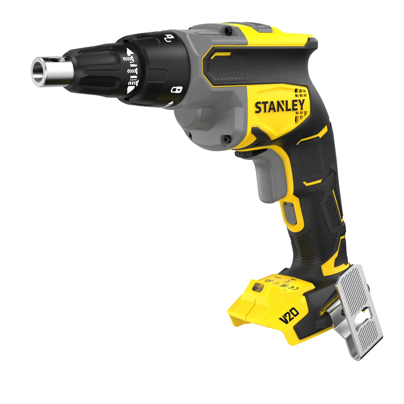 STANLEY SFMCF600B cordless drywall screwdriver, yellow and black, side angle, white background.