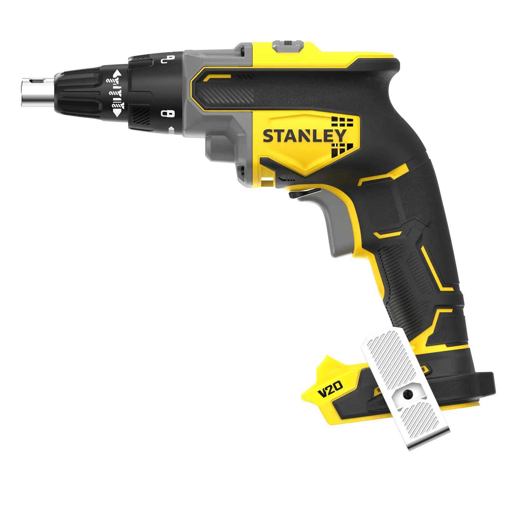 STANLEY SFMCF600B cordless screwdriver, side view, black and yellow handle, precision adjustment, product photography.