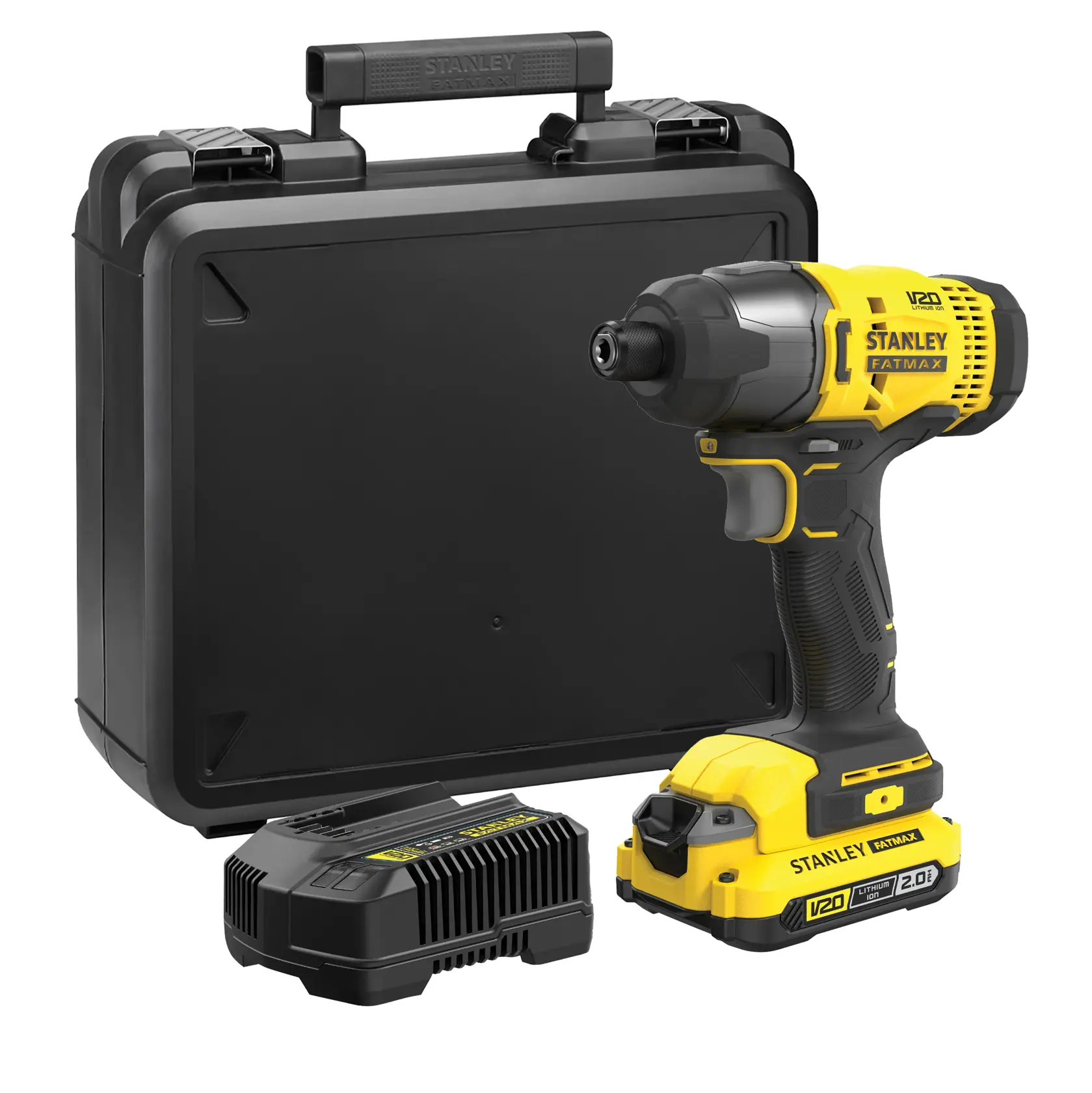 Stanley Fatmax cordless impact driver in yellow and black, without battery attached, shown from side.