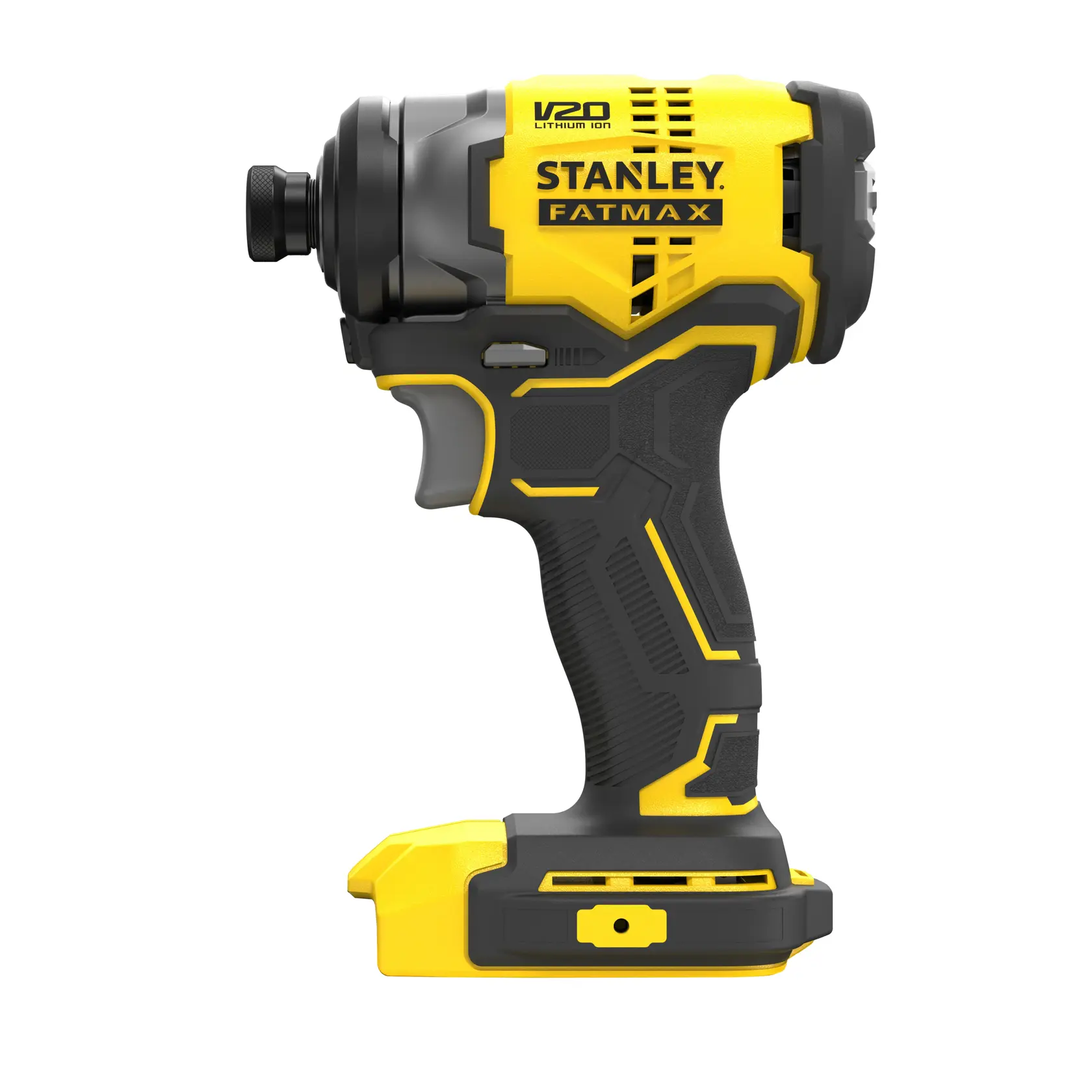 STANLEY SFMCF810M1K V20 FATMAX cordless impact driver, yellow and black, side angle, photography