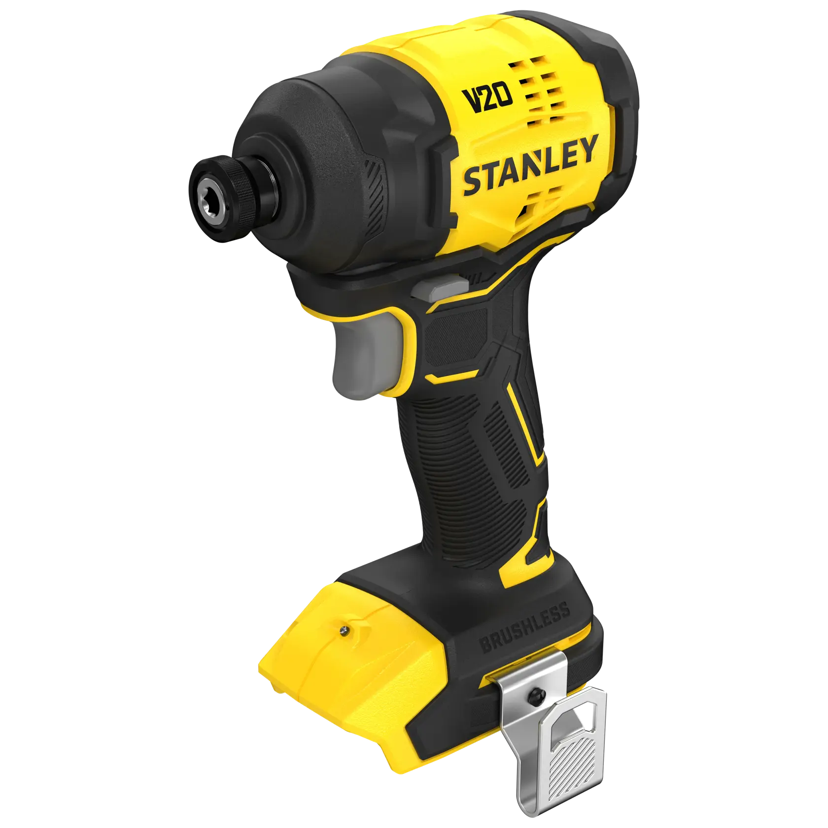 STANLEY SFMCF811B-XJ cordless impact driver, yellow and black, front left angle, photography on white background.