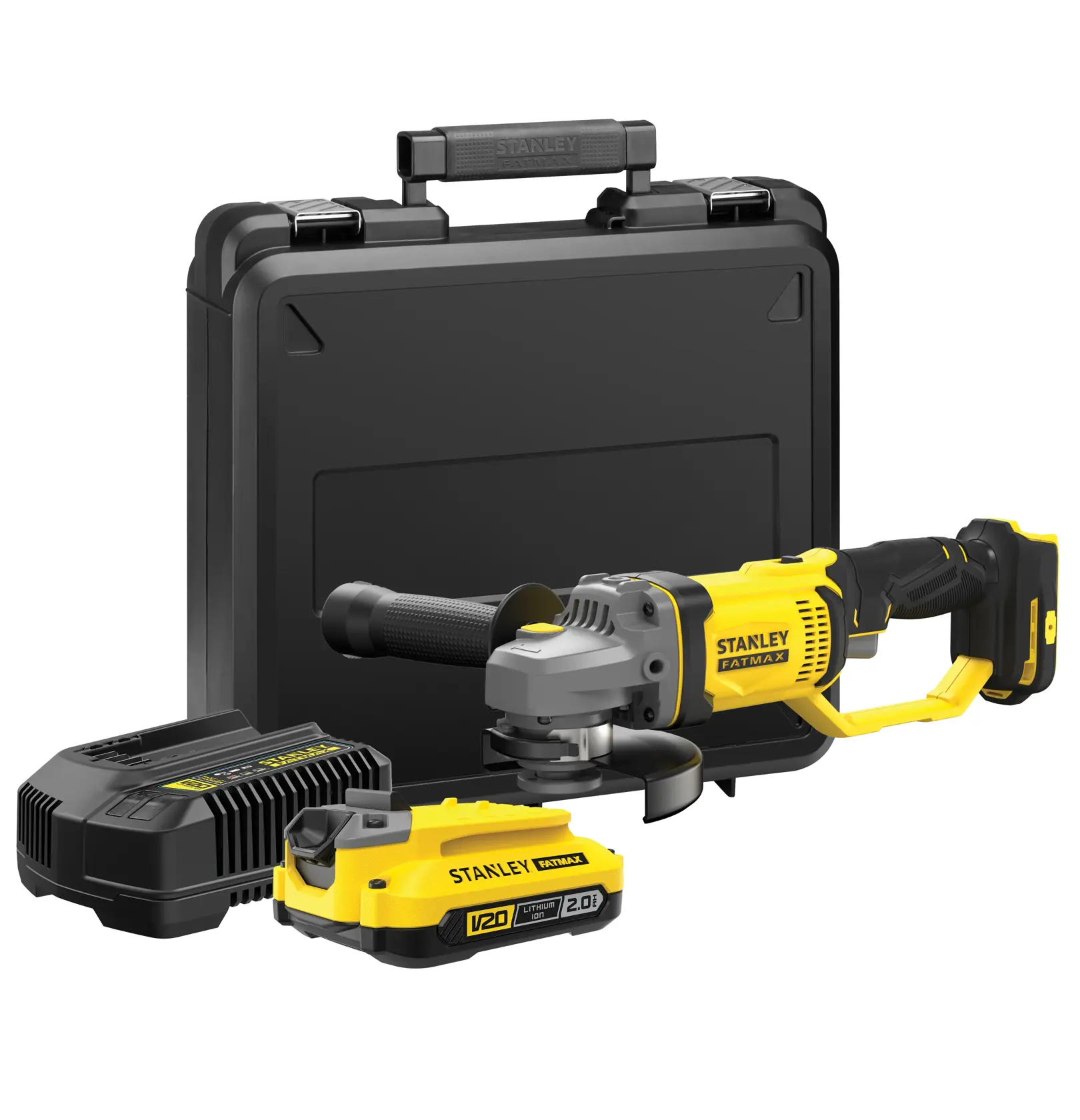 STANLEY SFMCG400D1K cordless angle grinder set with battery, charger, and black carry case, front angle.