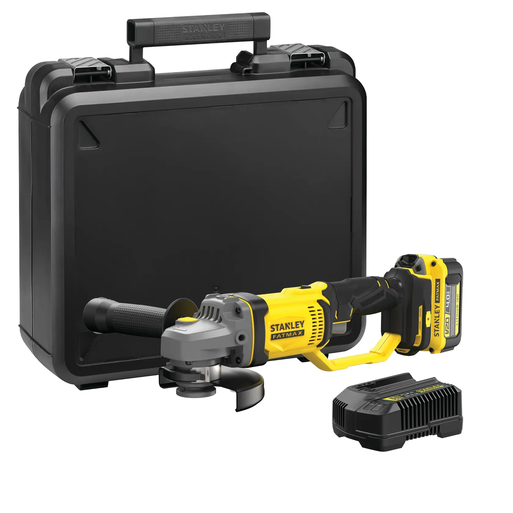 STANLEY SFMCG400M1K cordless angle grinder kit, yellow and black, with case and charger, front angle.
