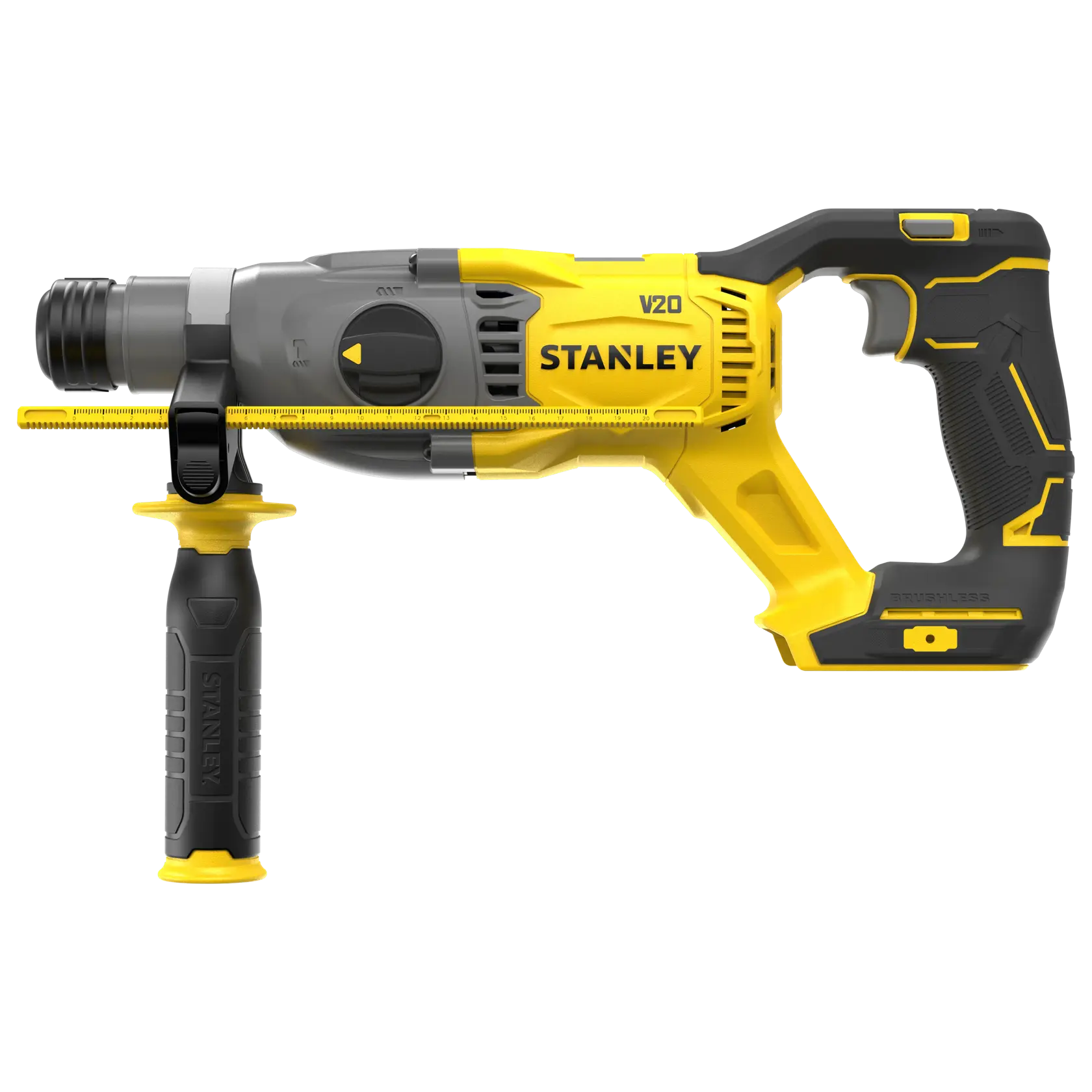 STANLEY SFMCH900B rotary hammer drill, yellow and black, left side view, featuring auxiliary handle.