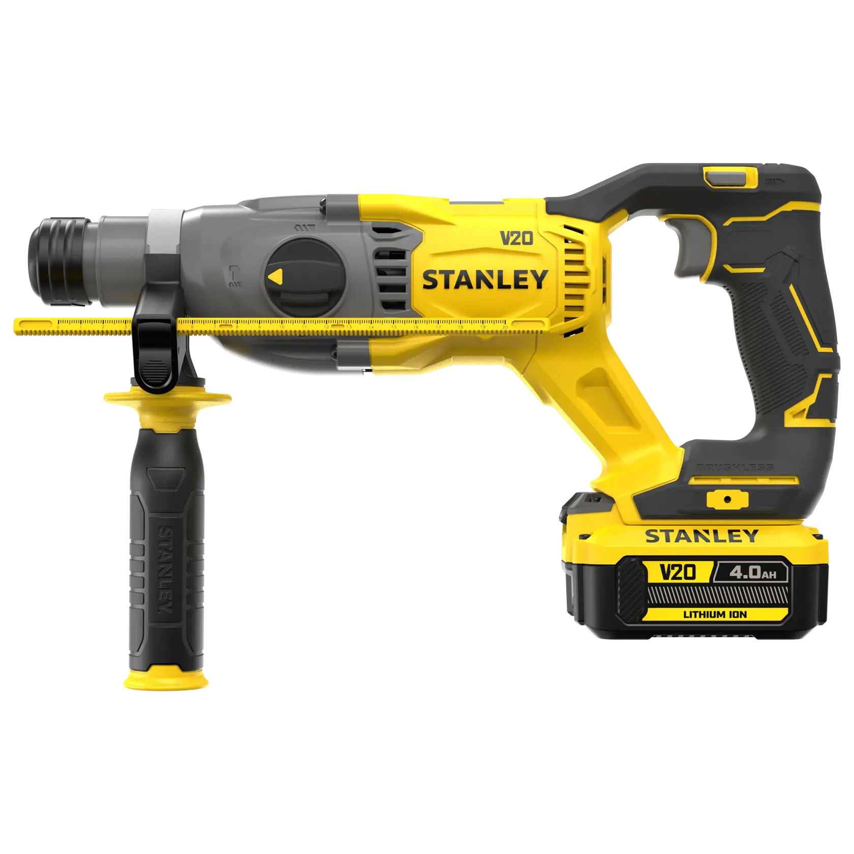 Photo of STANLEY SFMCH900M12 cordless rotary hammer drill, yellow and black, side angle on white background.
