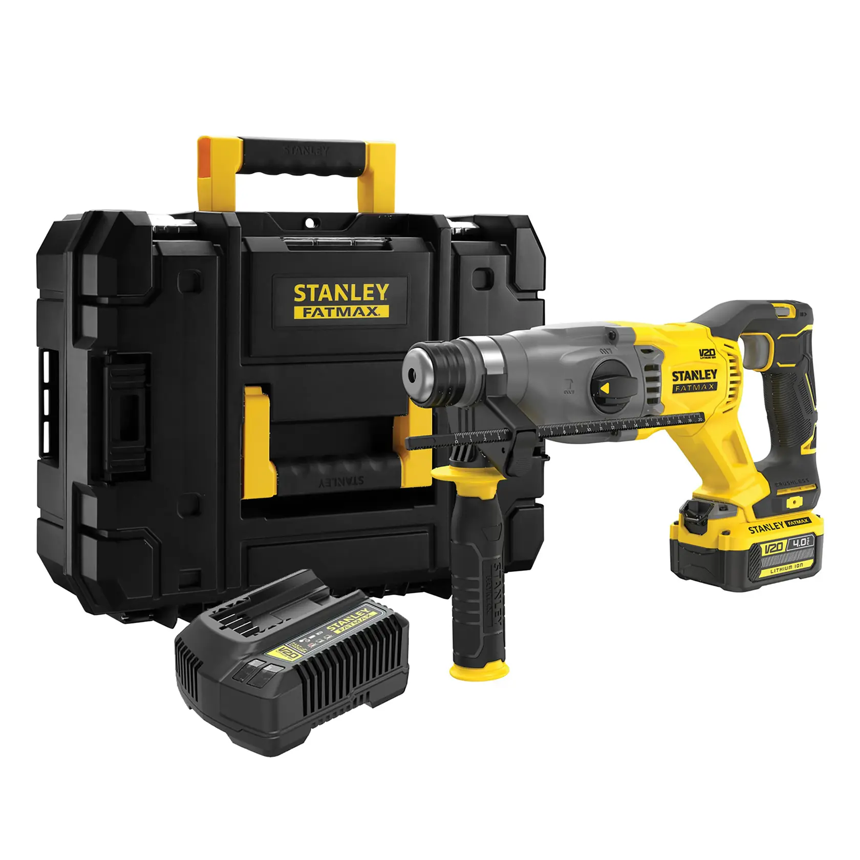 STANLEY SFMCH900M12 rotary hammer drill kit with battery, charger, and carrying case, front angle.