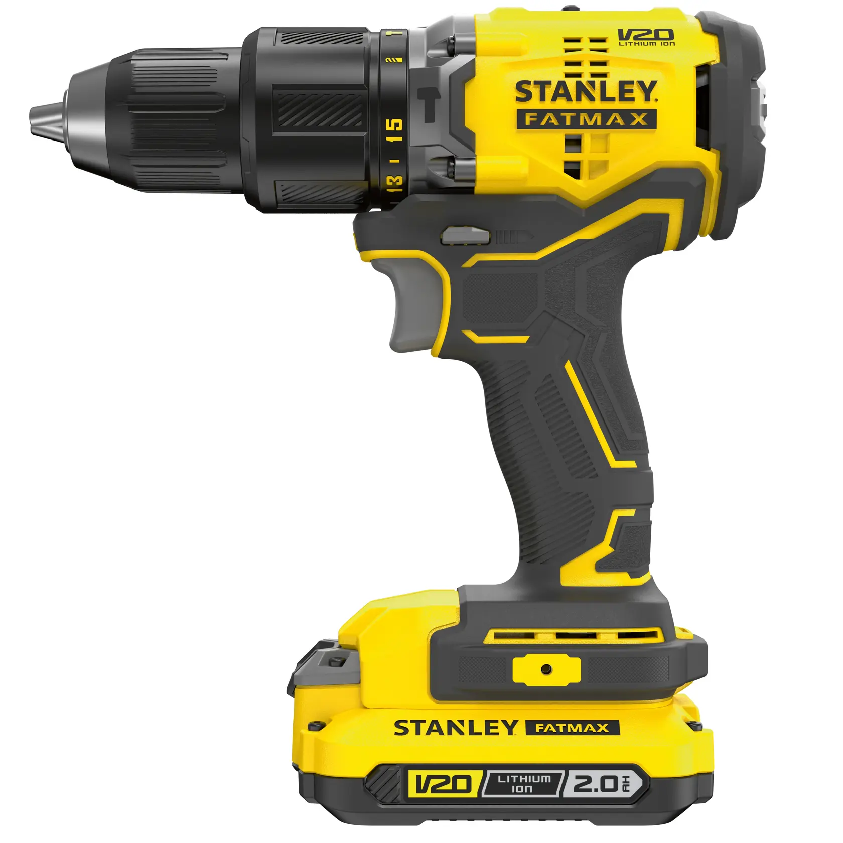 STANLEY SFMCK461D2S cordless drill in yellow and black, side view, with V20 Lithium Ion 2.0 battery pack.