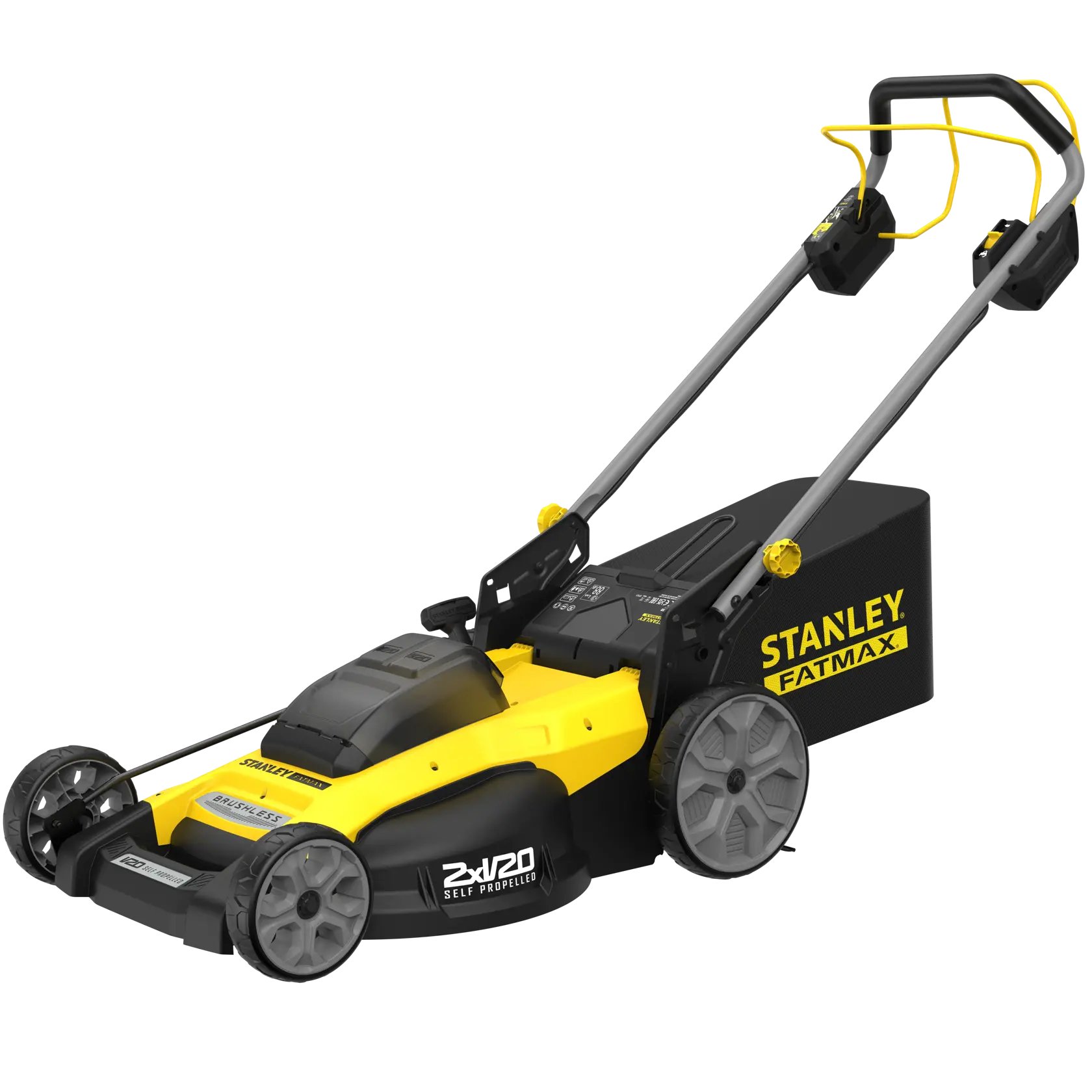 STANLEY SFMCMWS251M cordless lawn mower, black and yellow, side angle, with grass collection bag.