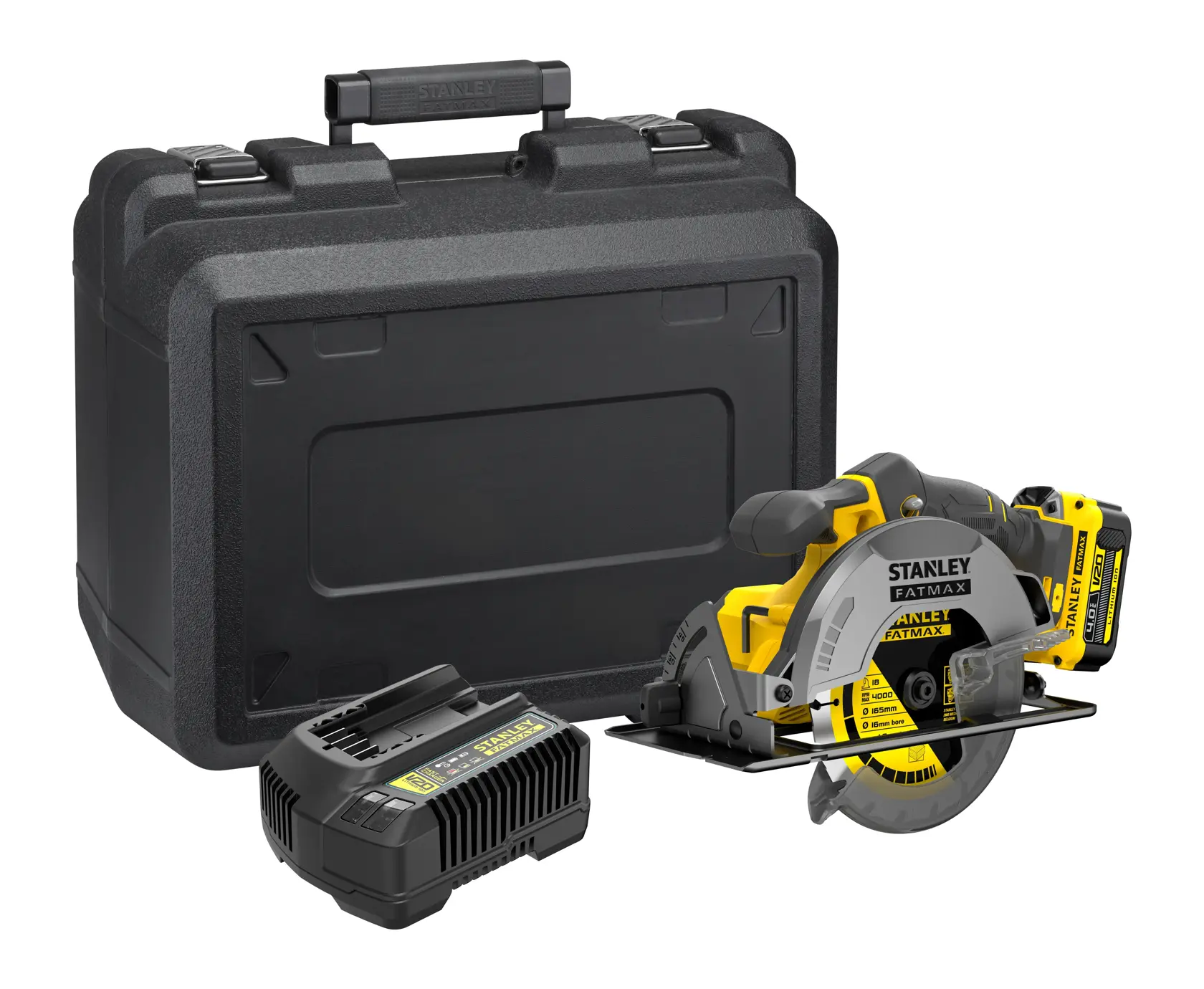 STANLEY SFMCS500M1K cordless circular saw, side angle, yellow and black, visible blade guard and battery pack.