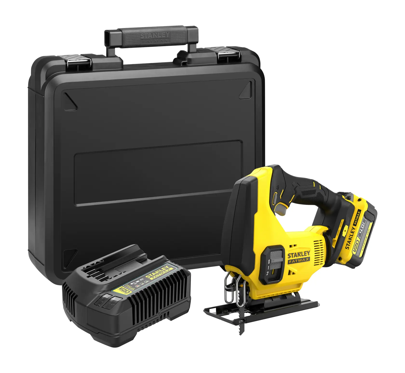 STANLEY SFMCS600M1K cordless jigsaw kit with yellow and black jigsaw, battery, charger, and hard case, front angle.